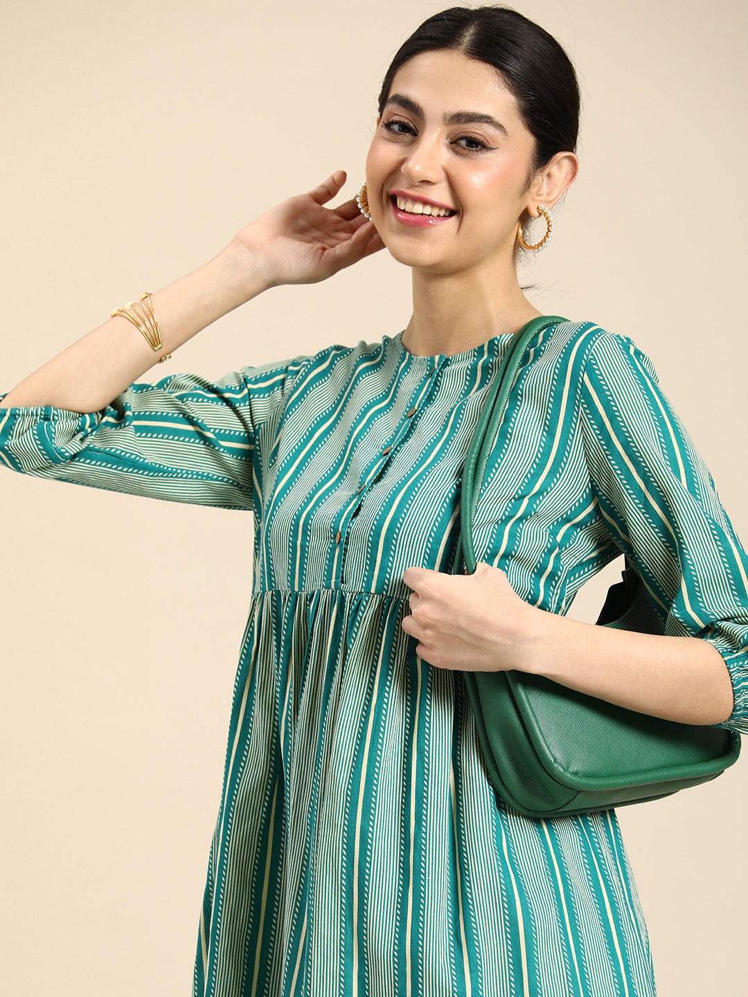 

Anouk Pure Cotton Striped A-Line Dress With Pleated Detail, Green
