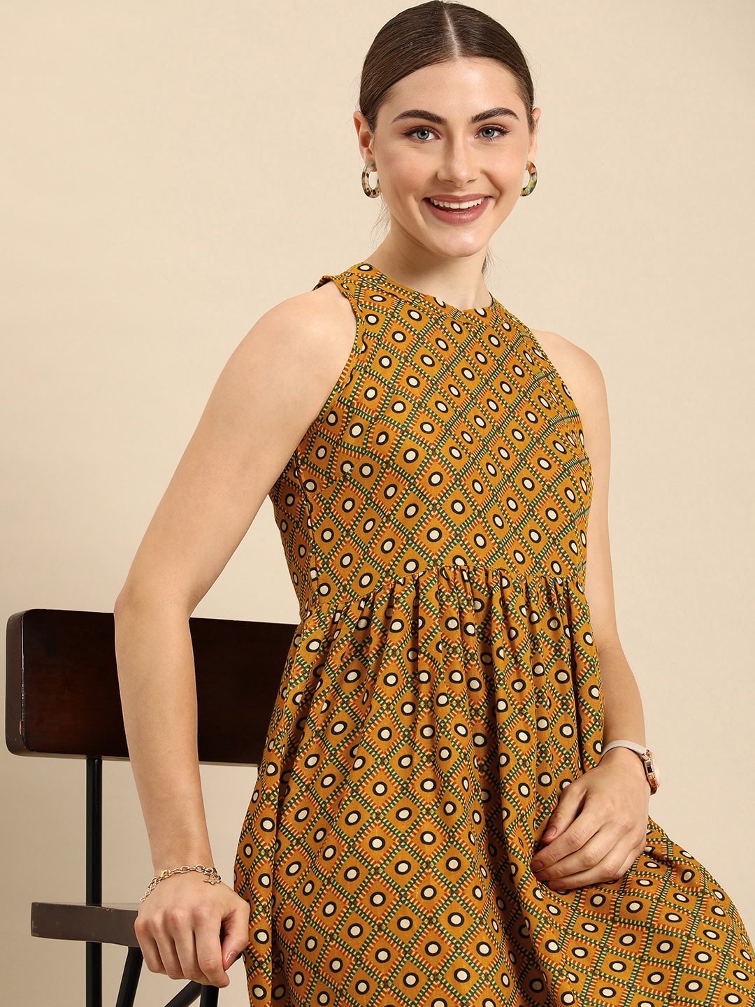 

Anouk Geometric Print A-Line Dress Gathered or Pleated Detailing, Mustard