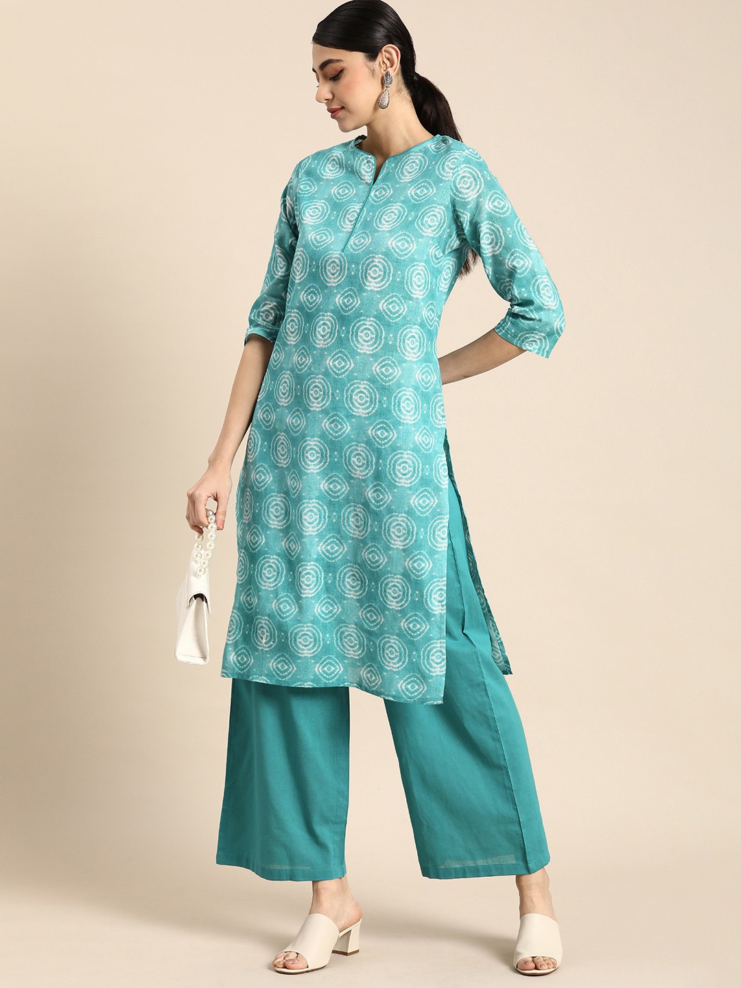 

Anouk Women Printed Pure Cotton Kurta with Palazzos, Turquoise blue