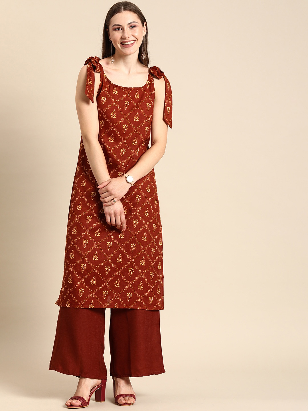 

Anouk Women Ethnic Motifs Printed Kurta with Palazzos Set, Brown