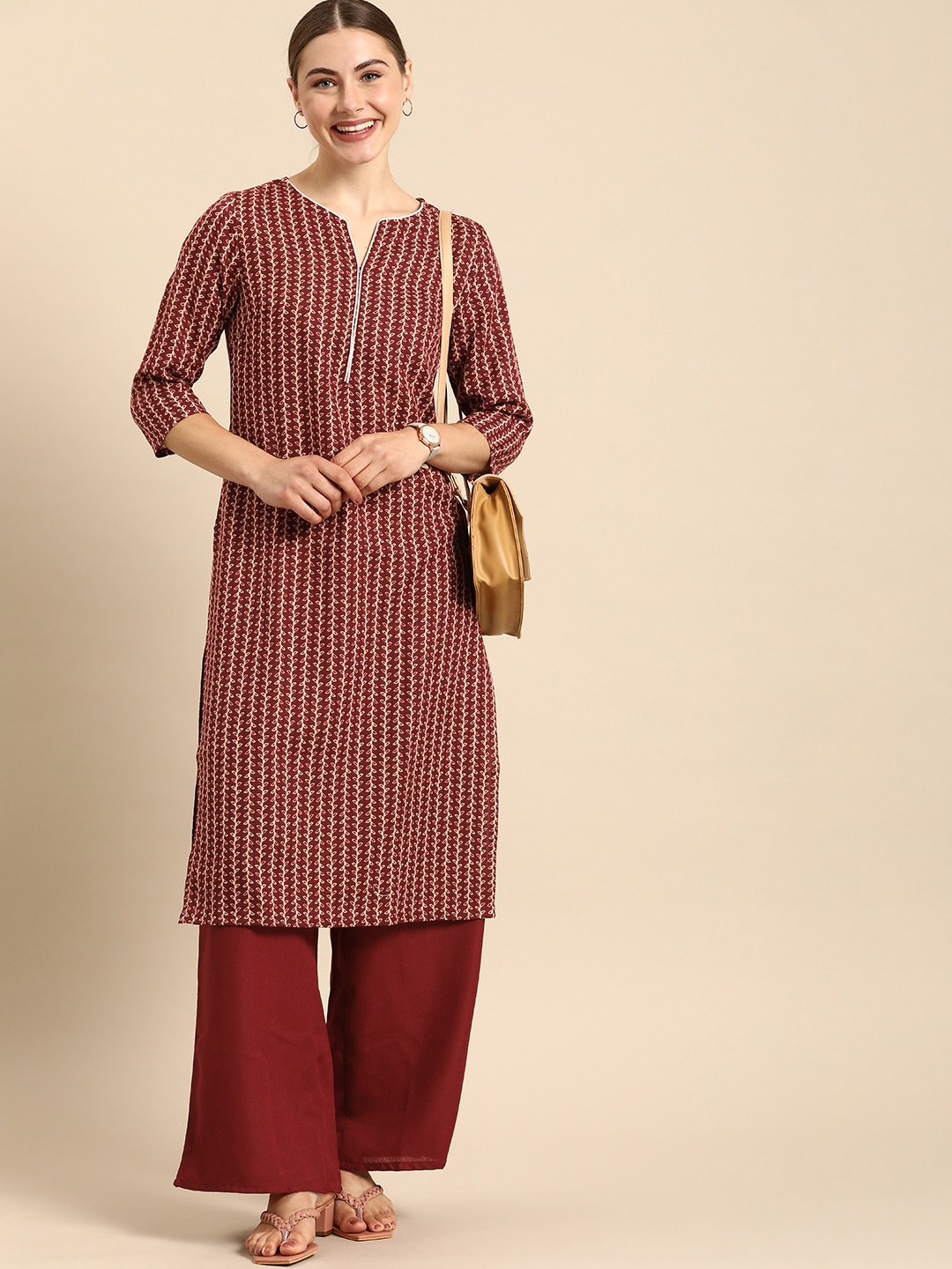 

Anouk Women Striped Kurta with Palazzos, Maroon