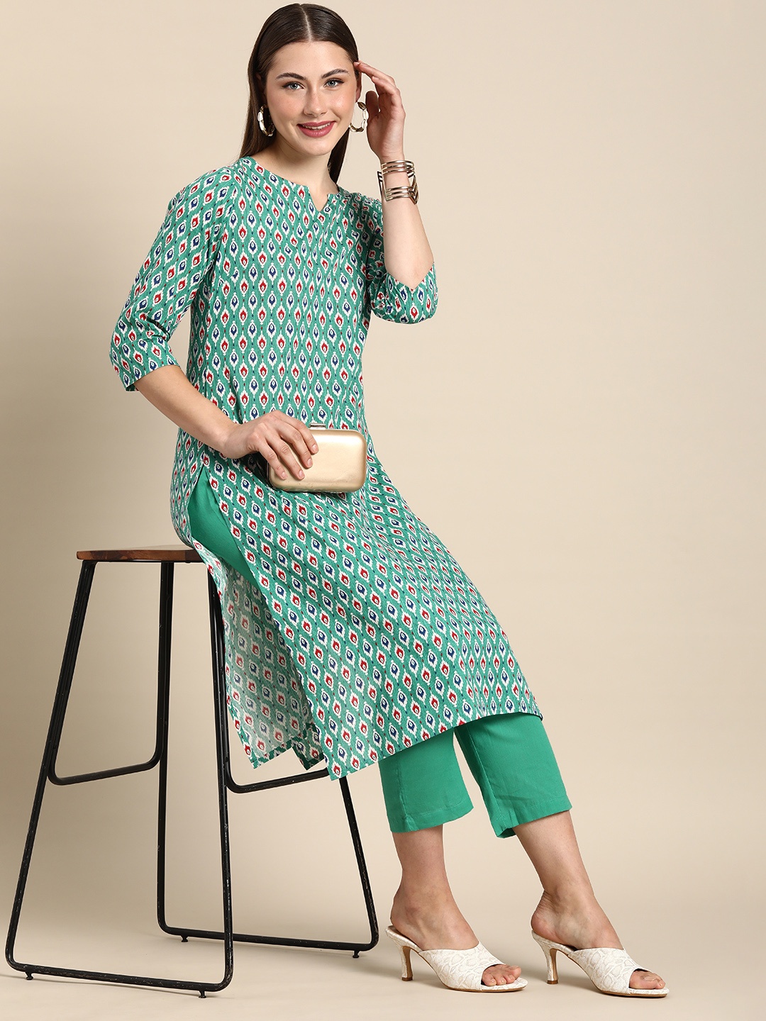 

Anouk Women Ethnic Motifs Printed Pure Cotton Kurta with Trousers, Green