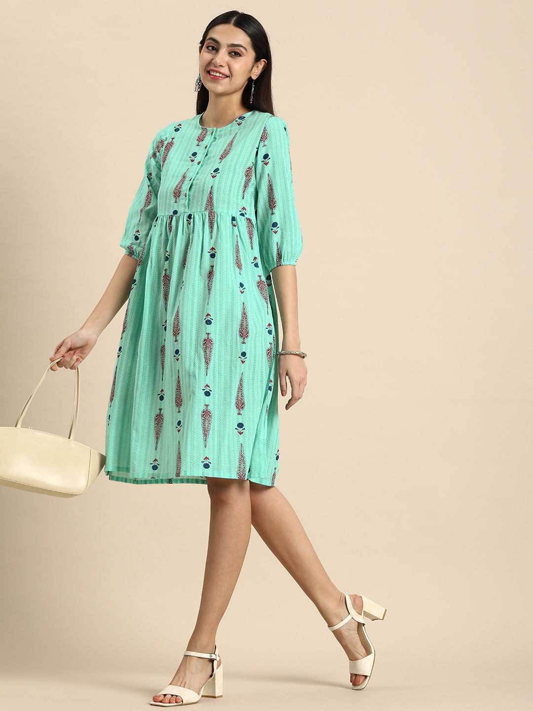 

Anouk Pure Cotton Chevron & Floral Printed Ethnic A-Line Dress, Green