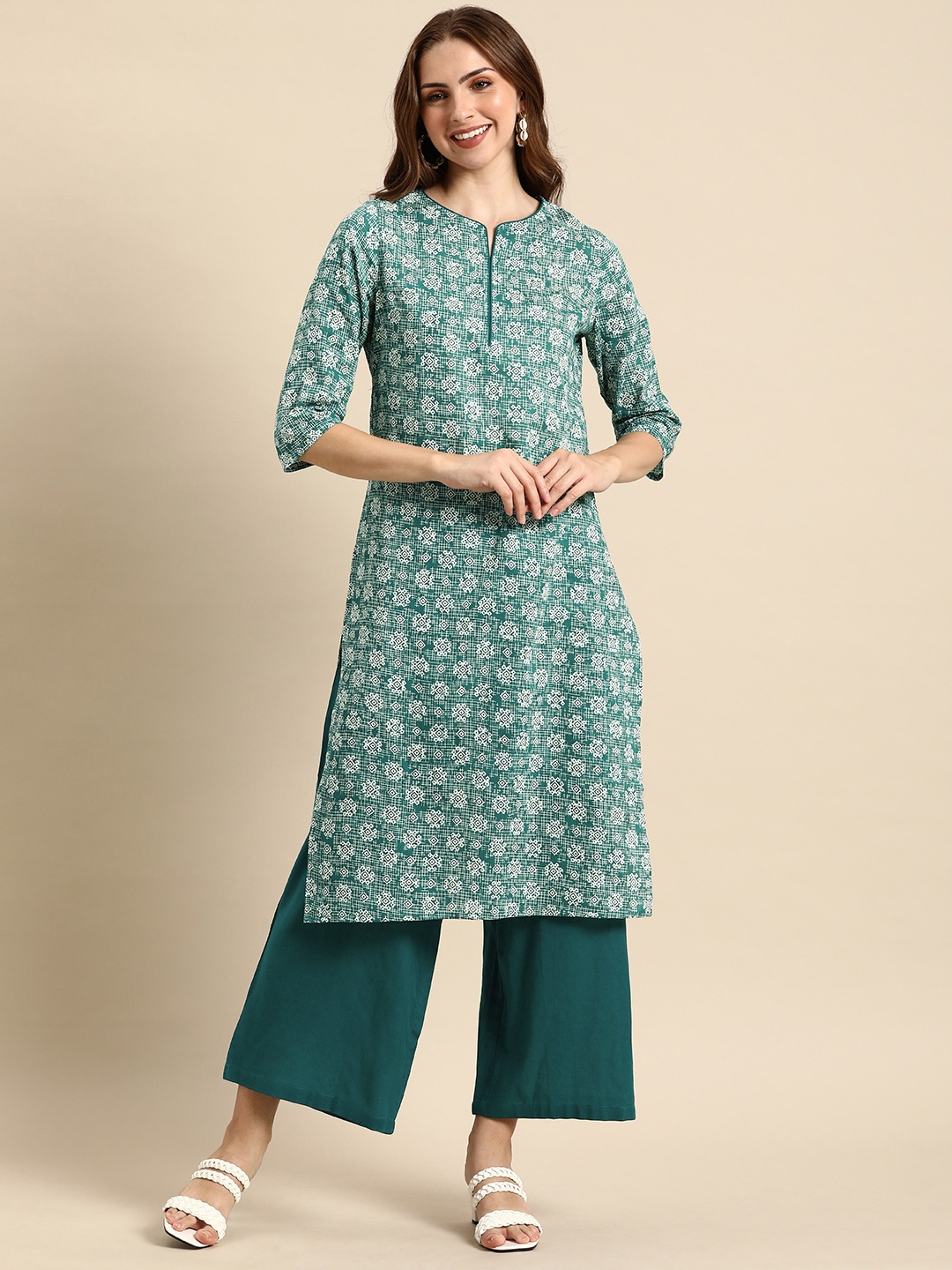 

Anouk Women Pure Cotton Printed Regular Kurta with Palazzos, Teal