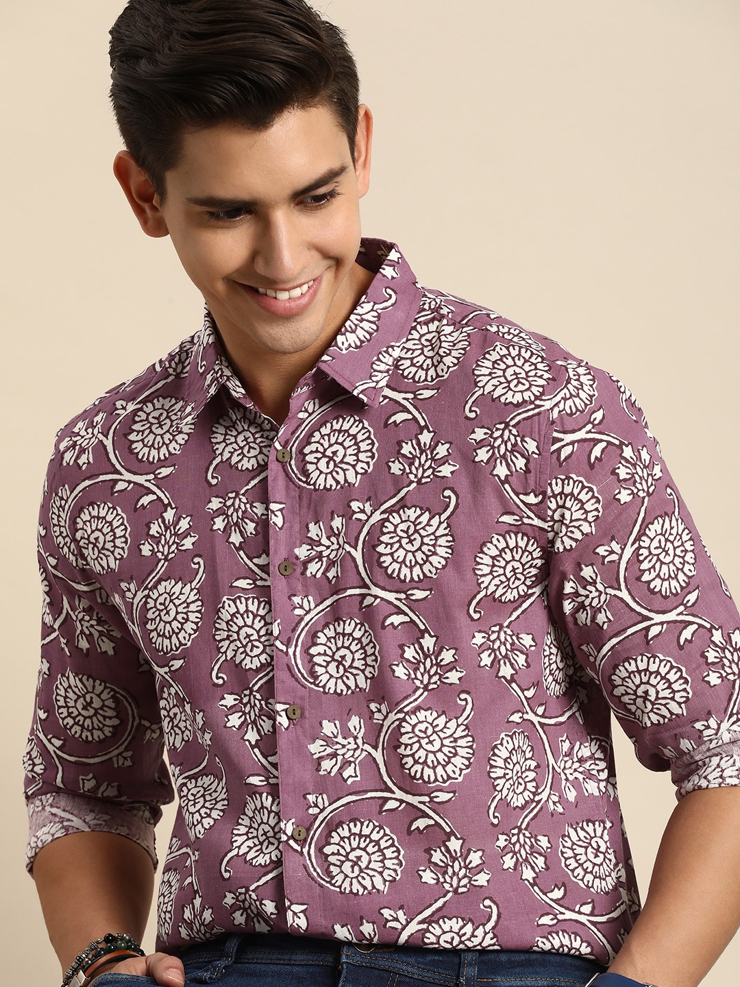 

Anouk Spread Collar Floral Printed Pure Cotton Casual Shirt, Mauve