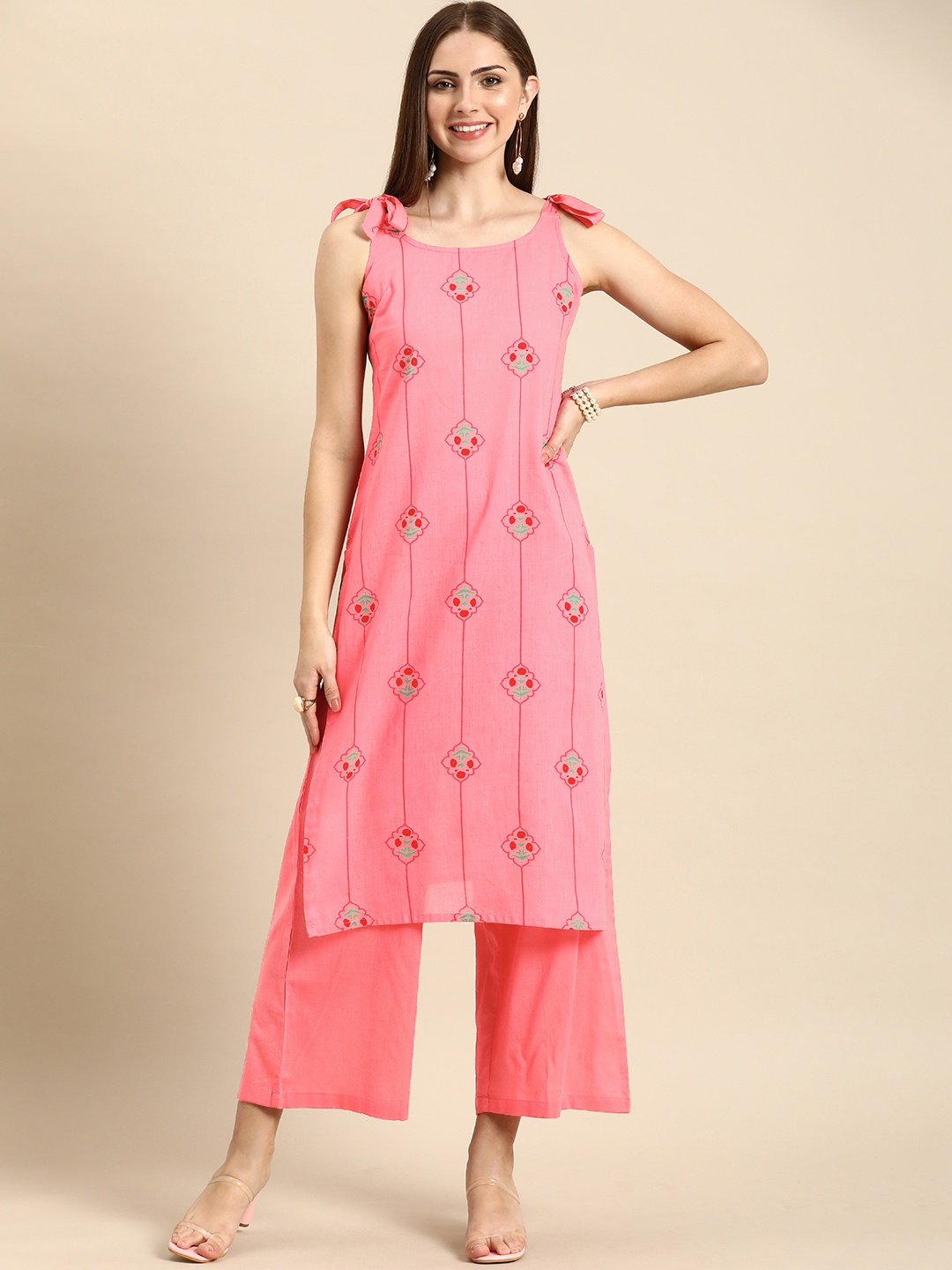 

Anouk Women Floral Printed Striped Pure Cotton Kurta with Palazzos, Pink