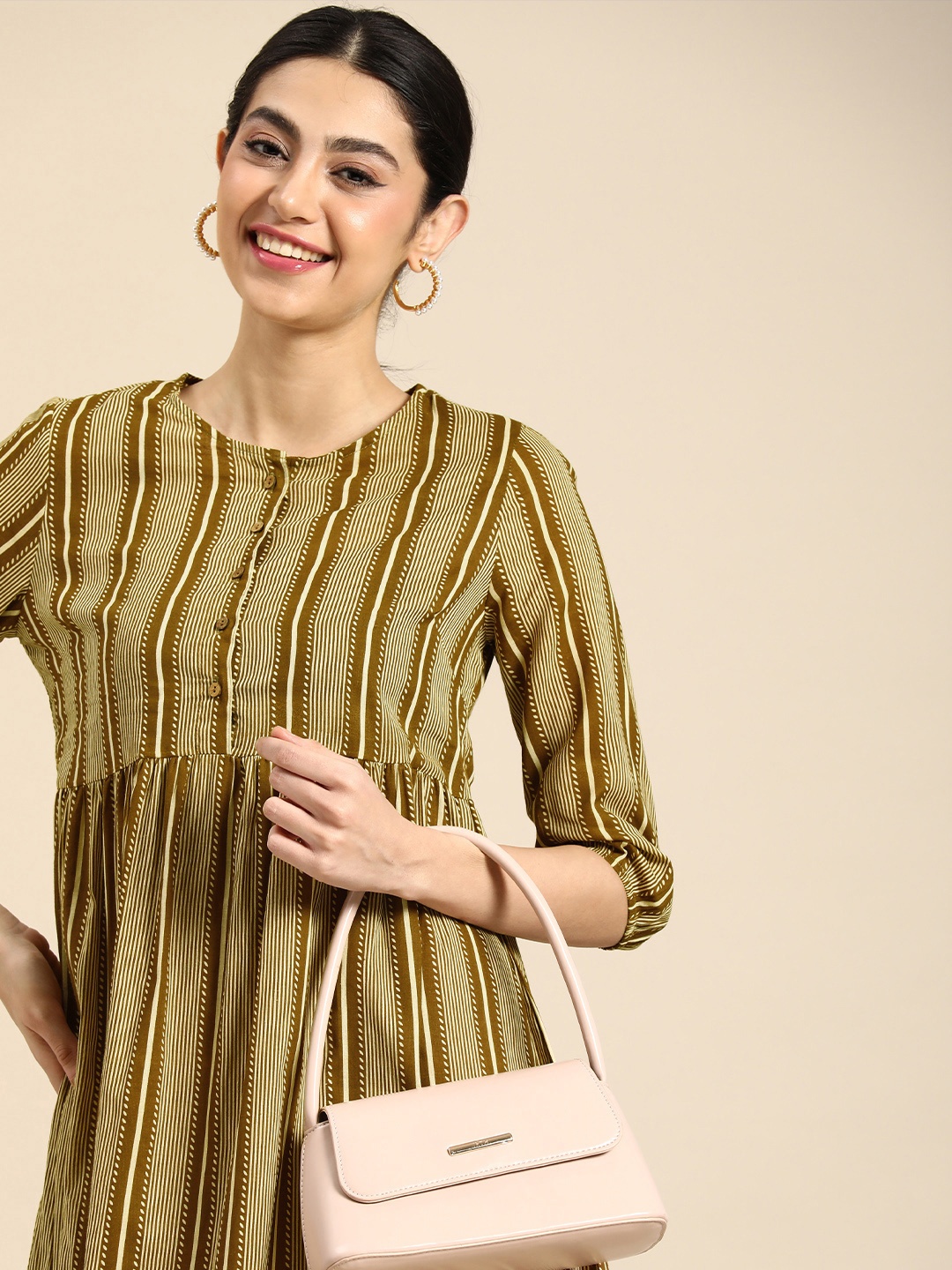 

Anouk Pure Cotton Striped A-Line Dress With Gathered Detail, Brown