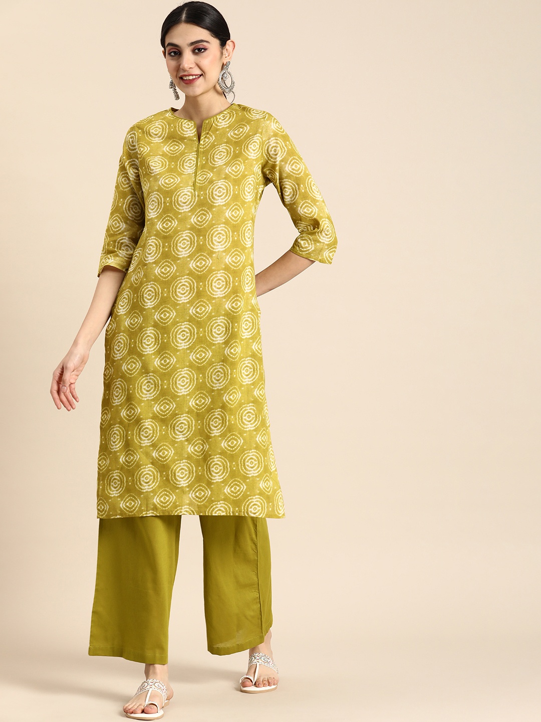 

Anouk Printed Pure Cotton Kurta with Palazzos, Olive