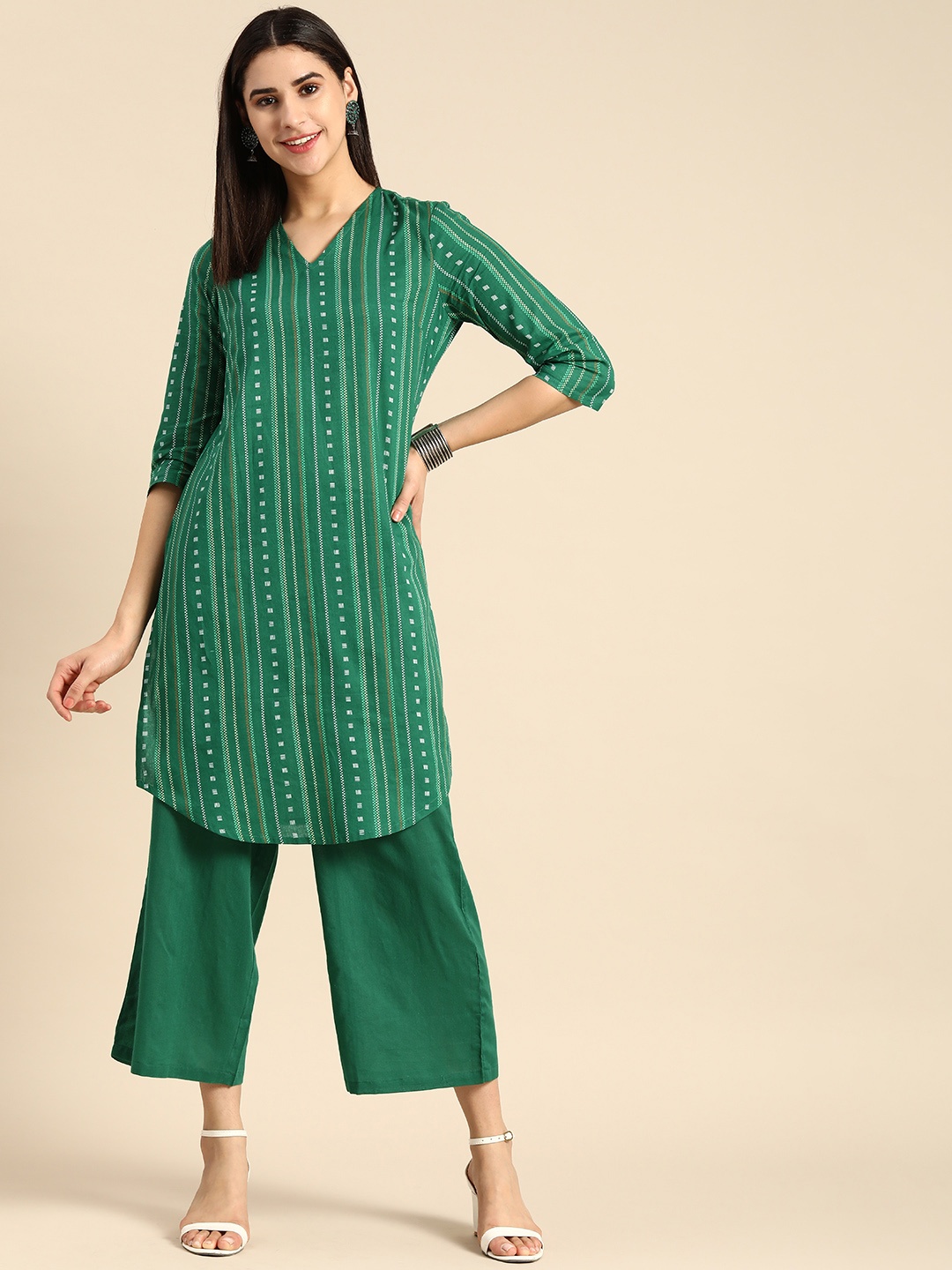 

Anouk Women Geometric Print Pure Cotton Straight Kurta with Palazzos, Green