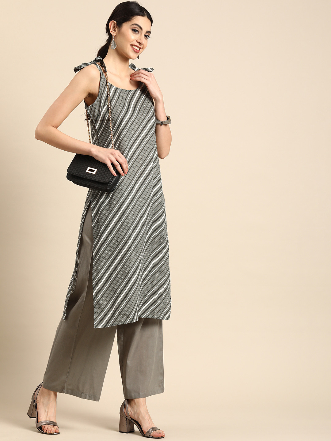 

Anouk Women Shoulder Straps Striped Pure Cotton Kurta with Palazzos, Grey