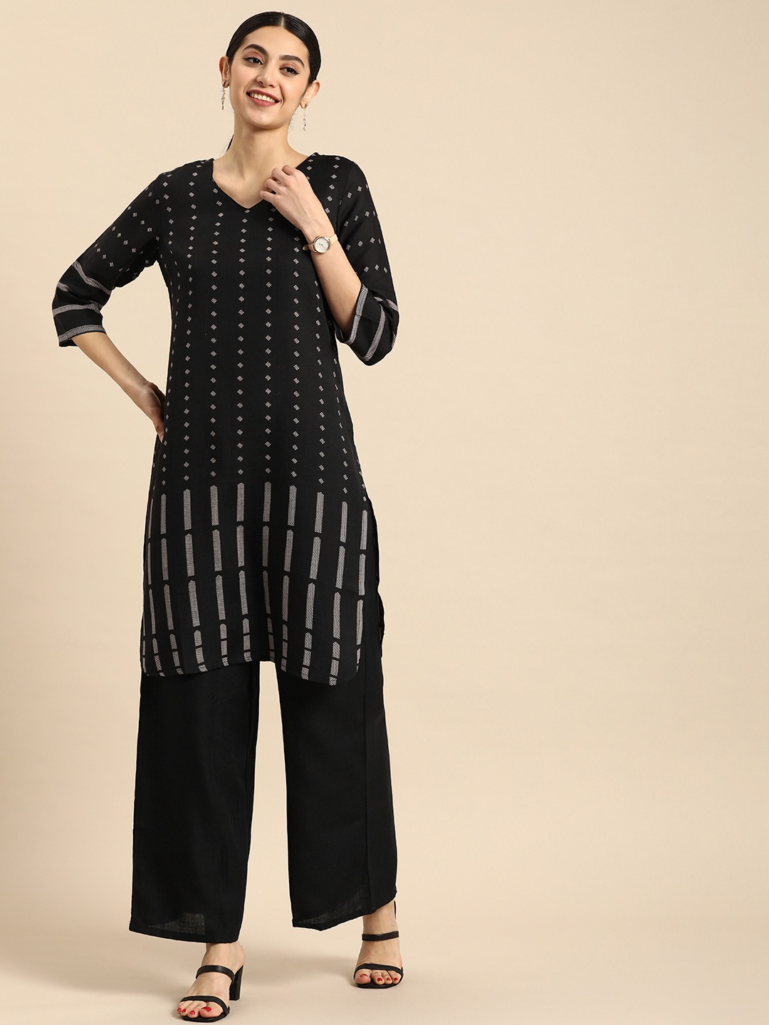 

Anouk Women Geometric Printed Regular Kurta with Palazzos, Black