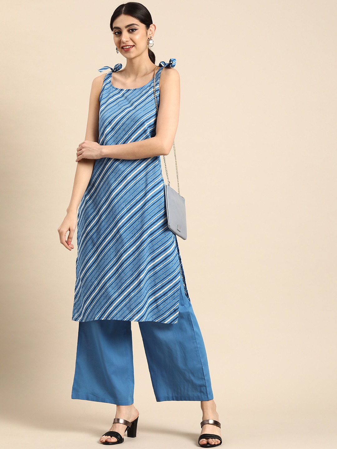 

Anouk Women Pure Cotton Striped Kurta with Palazzos, Blue