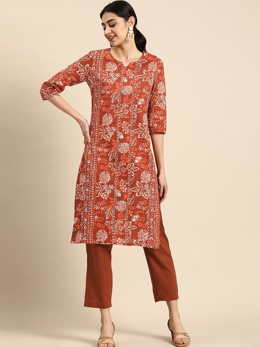 

Anouk Women Floral Printed Pure Cotton Kurta with Trousers, Rust
