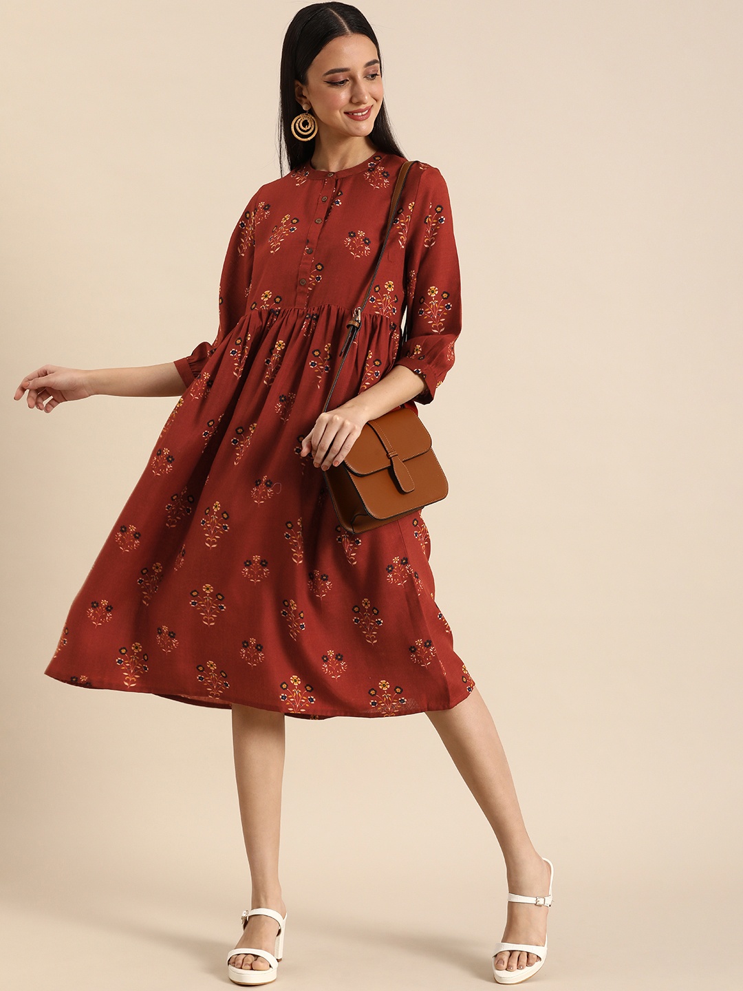 

Anouk Floral Empire Flared Dress With Gathers Detail, Rust