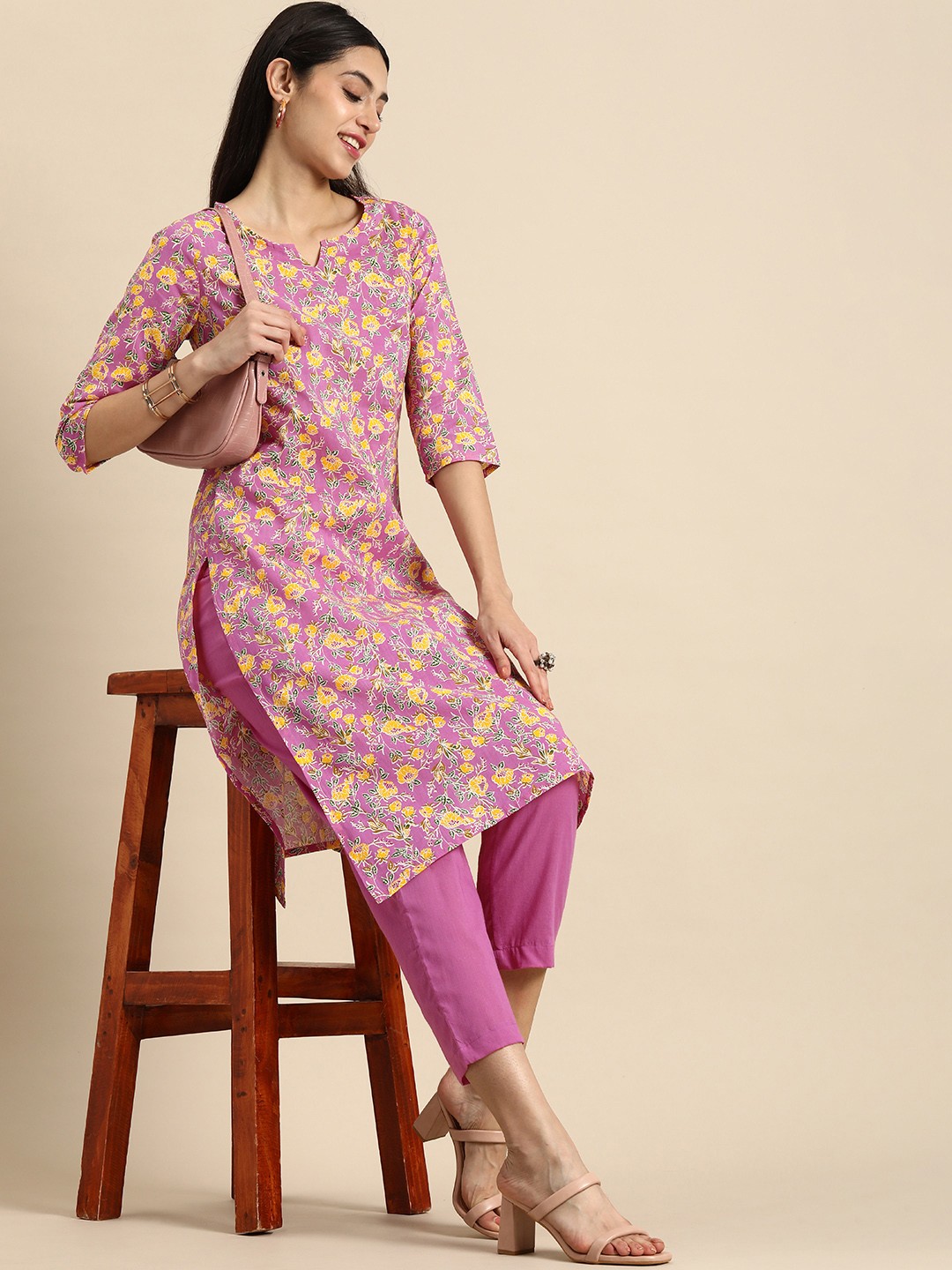 

Anouk Women Pure Cotton Floral Printed Kurta with Trousers, Pink