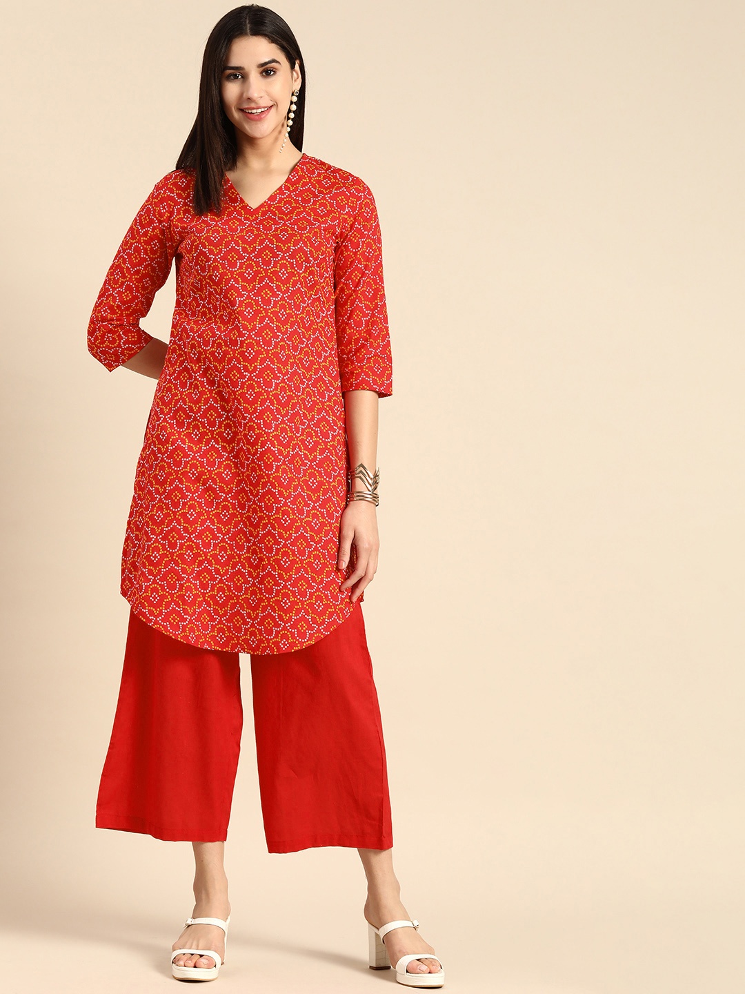 

Anouk Women Pure Cotton Bandhani Printed Kurta with Palazzos, Red