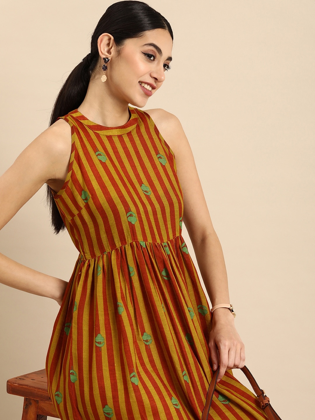

Anouk Striped A-Line Dress Gathered or Pleated Detailing, Rust