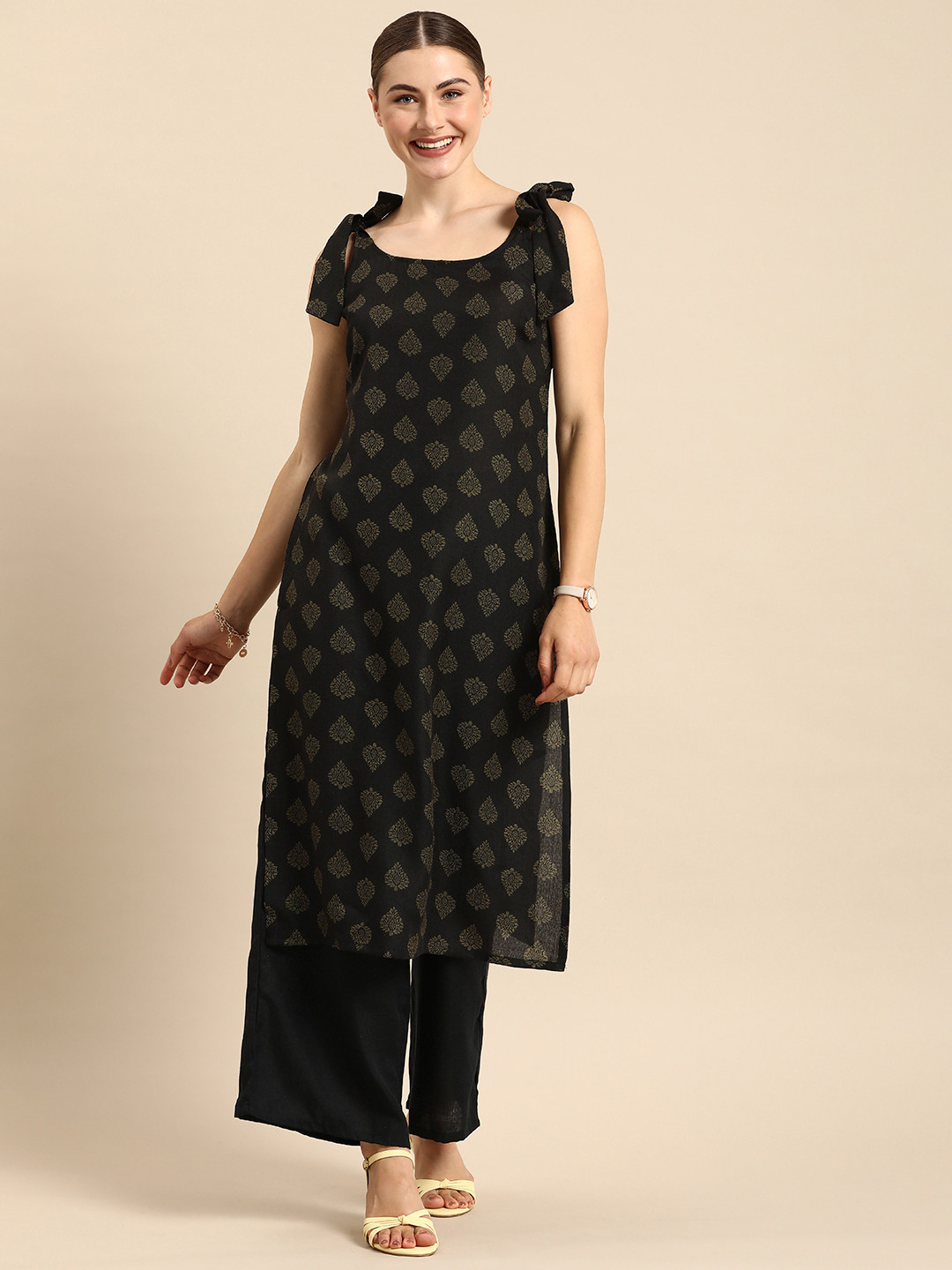 

Anouk Women Shoulder Straps Ethnic Motifs Kurta with Palazzos, Black