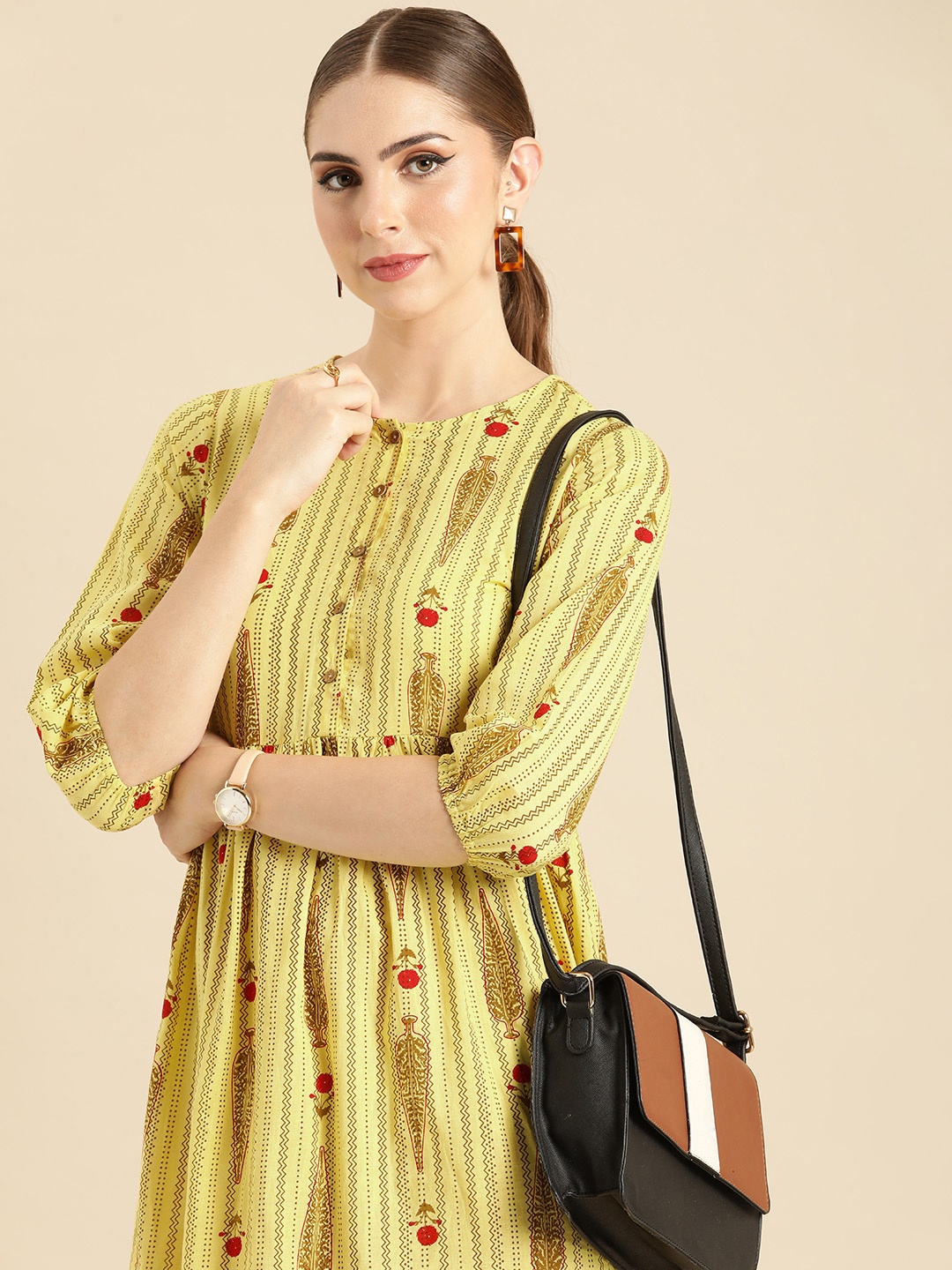 

Anouk Ethnic Motifs Printed Pure Cotton Ethnic Fit & Flare Dress, Yellow