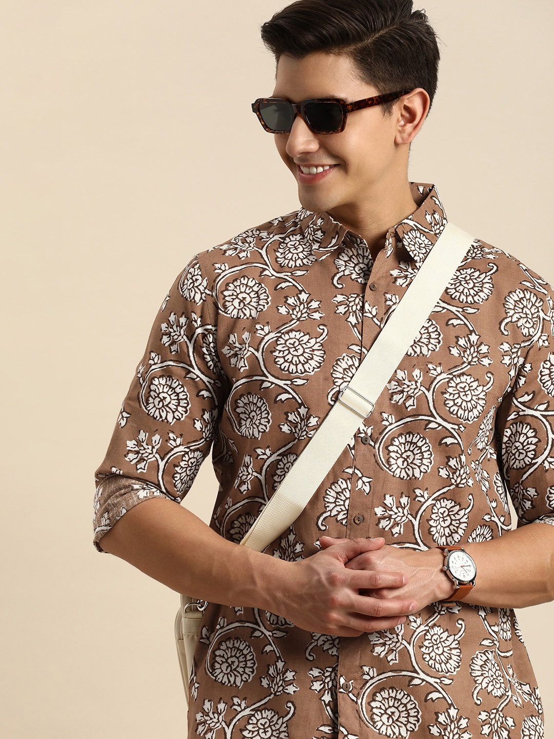 

Anouk Spread Collar Floral Printed Pure Cotton Casual Shirt, Brown
