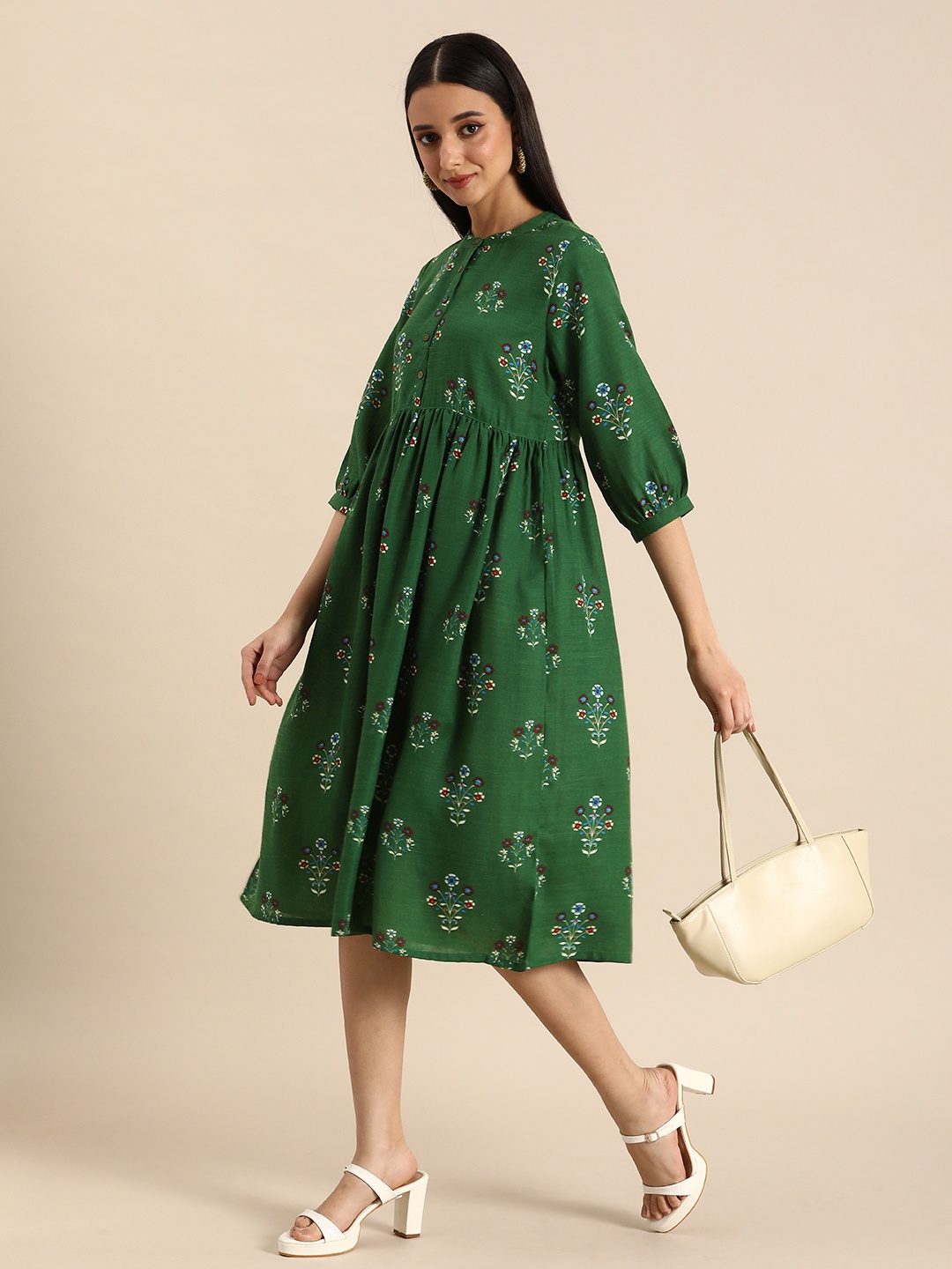 

Anouk Floral Empire Flared Dress With Gathers Detail, Green