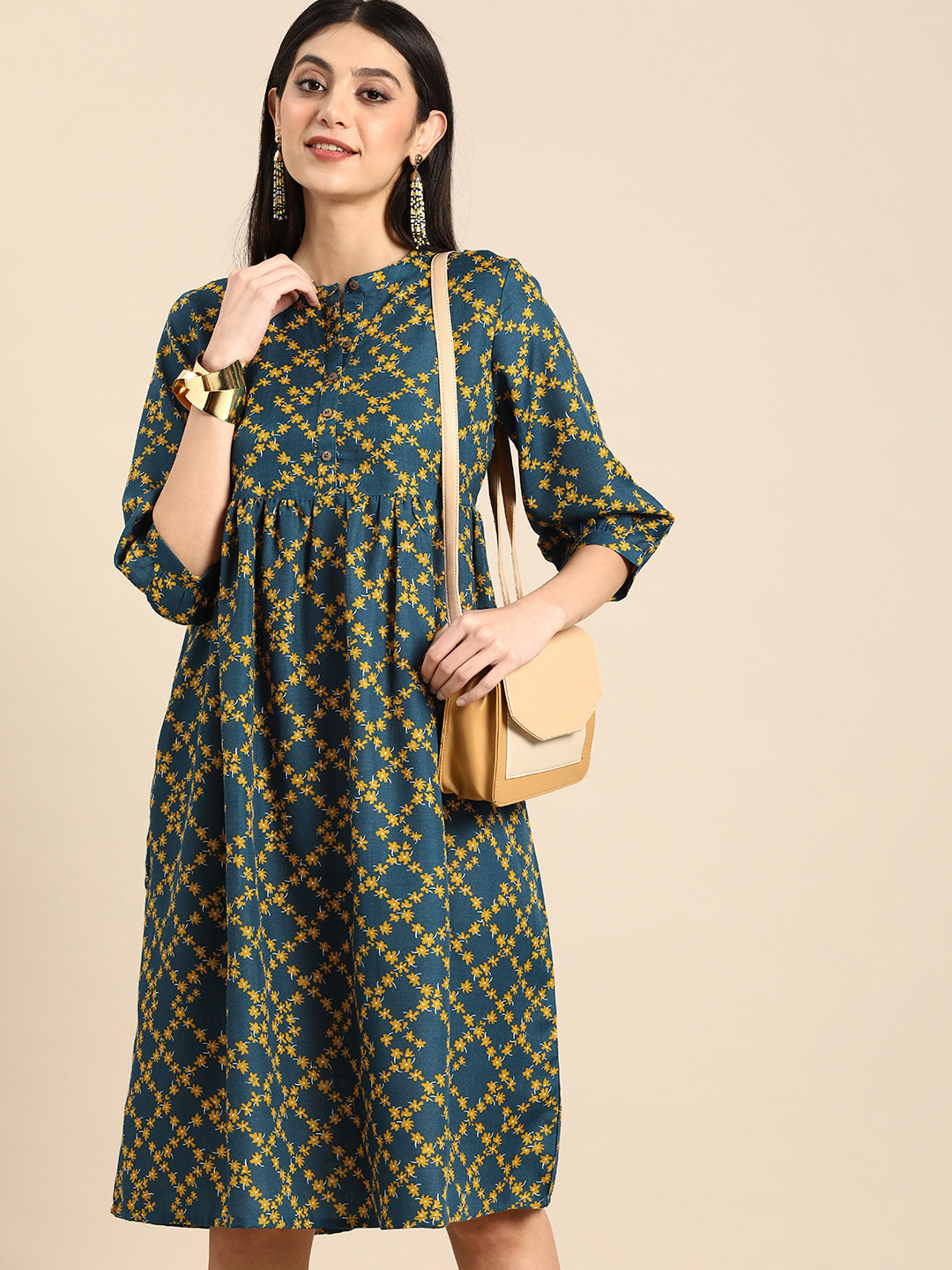 

Anouk Floral Printed Empire Dress, Teal