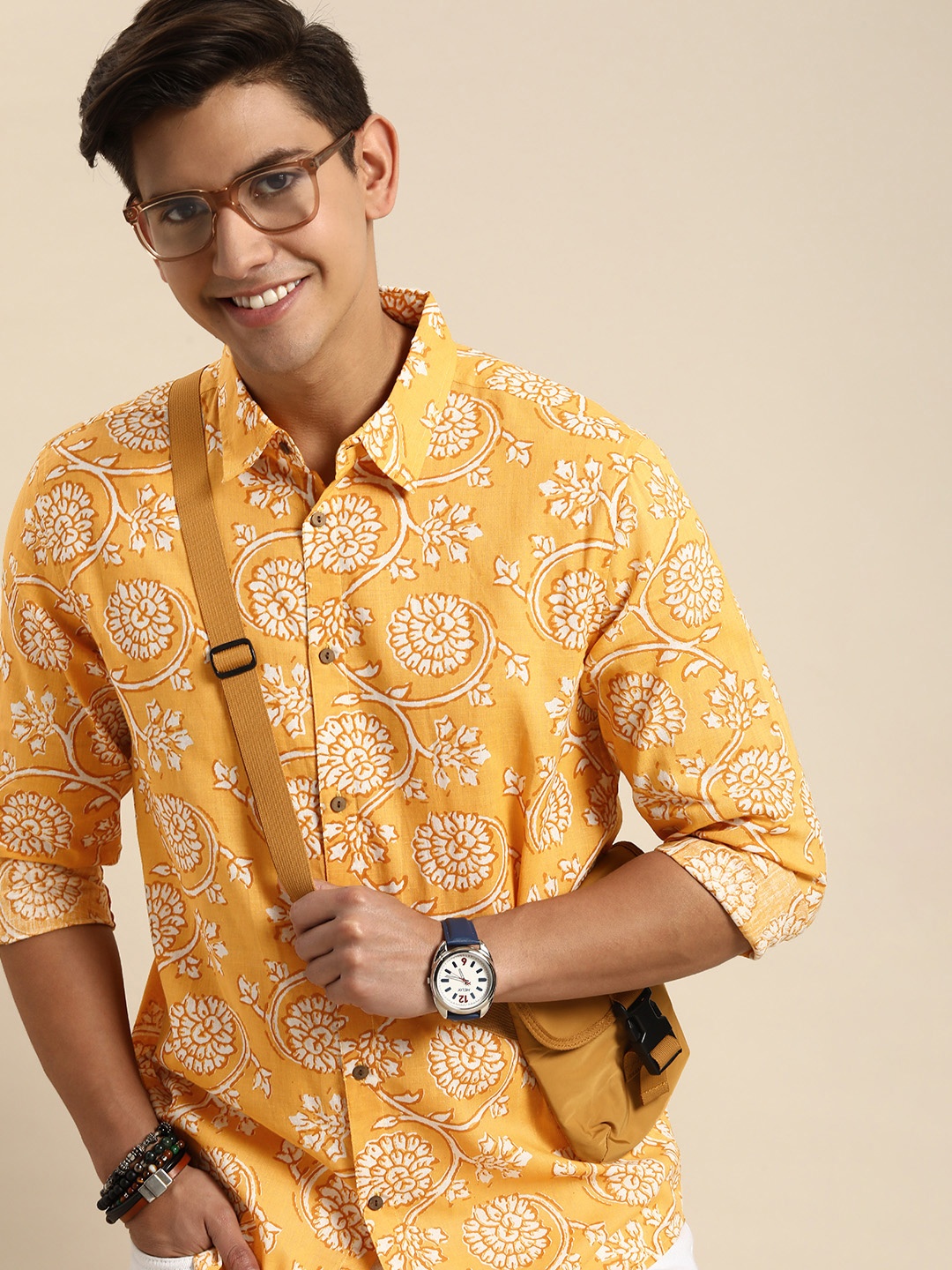 

Anouk Spread Collar Floral Printed Pure Cotton Casual Shirt, Yellow