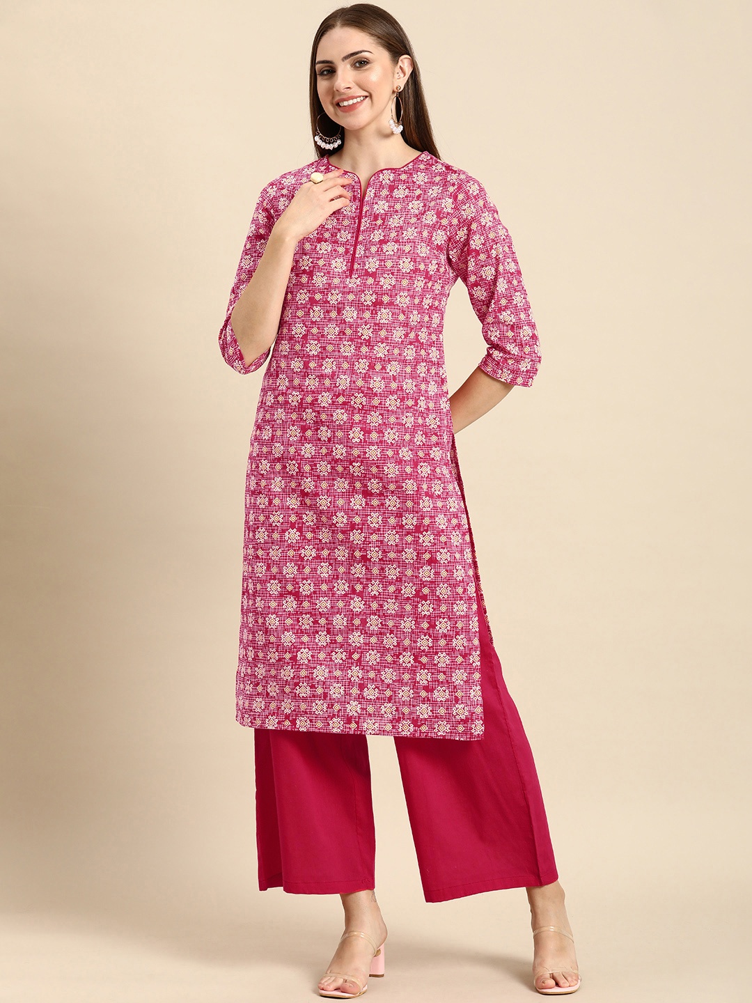 

Anouk Women Geometric Printed Pure Cotton Kurta with Palazzos, Pink