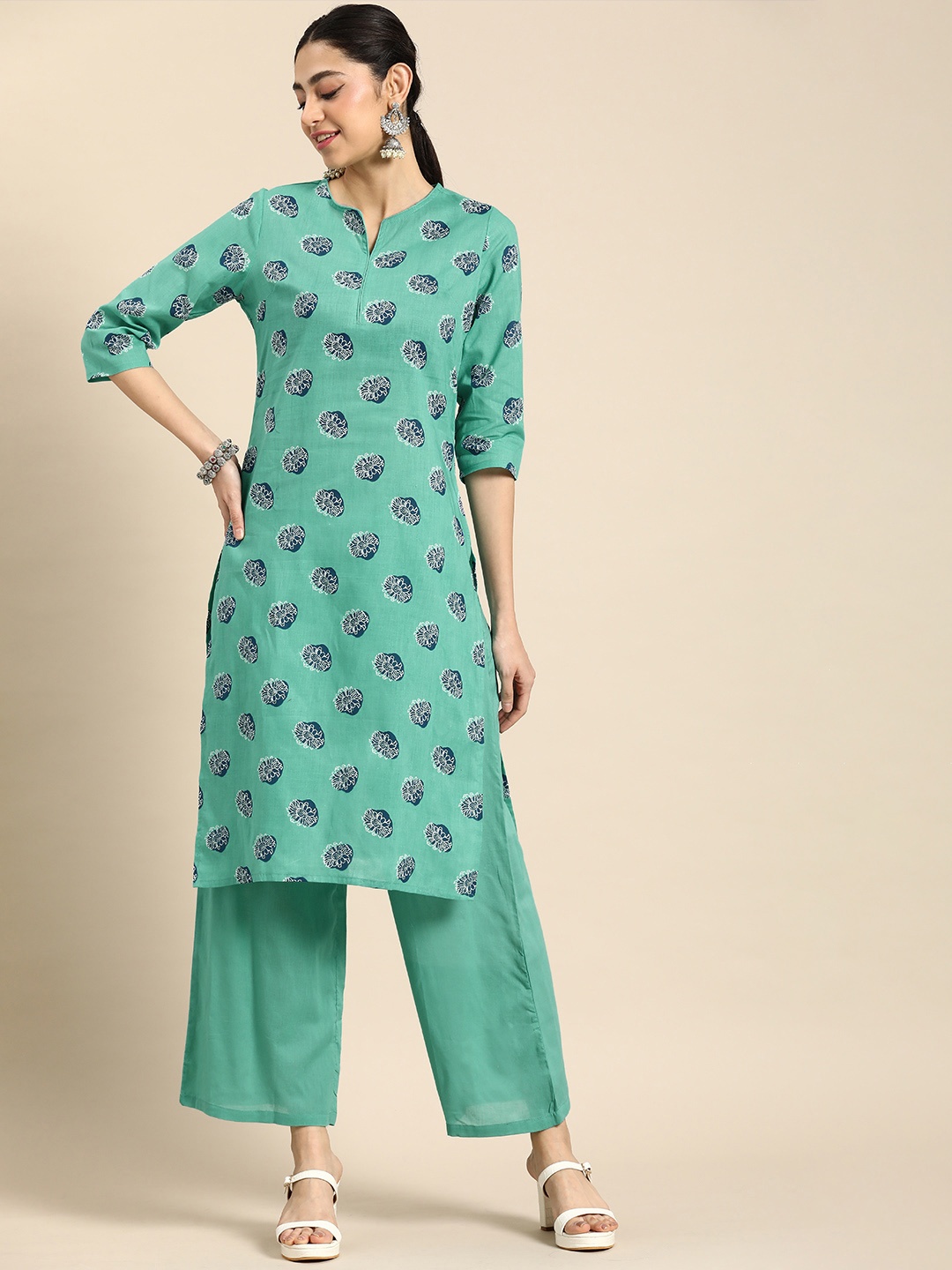 

Anouk Floral Printed Pure Cotton Kurta with Palazzos, Sea green