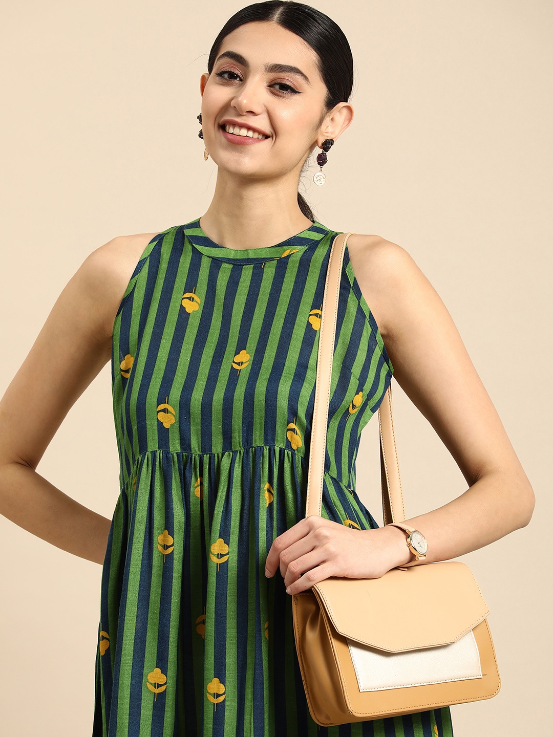 

Anouk Striped A-Line Dress Gathered or Pleated Detailing, Green