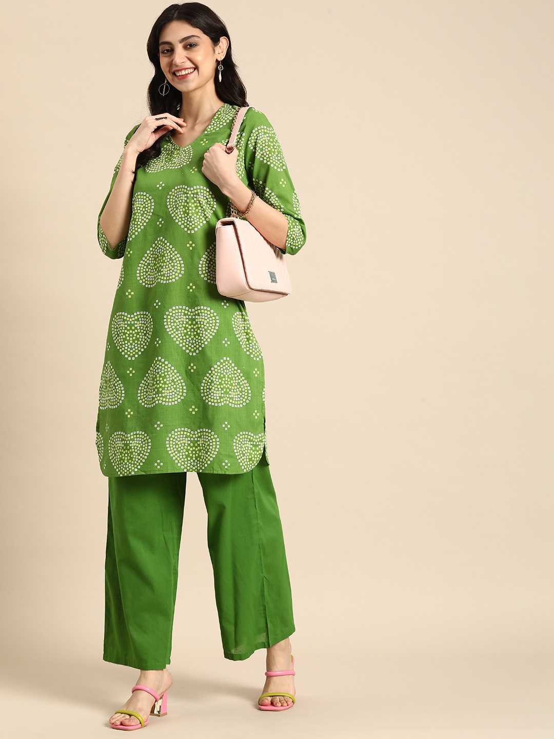 

Anouk Women Bandhani Printed Pure Cotton Kurti with Palazzos, Green