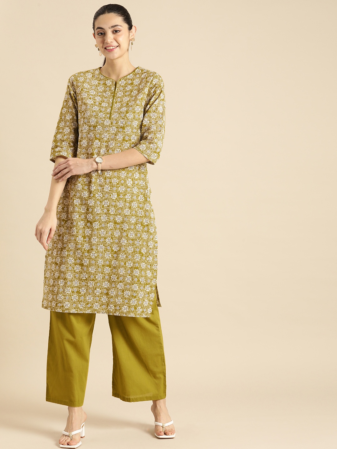 

Anouk Printed Regular Pure Cotton Kurta with solid Palazzos, Olive