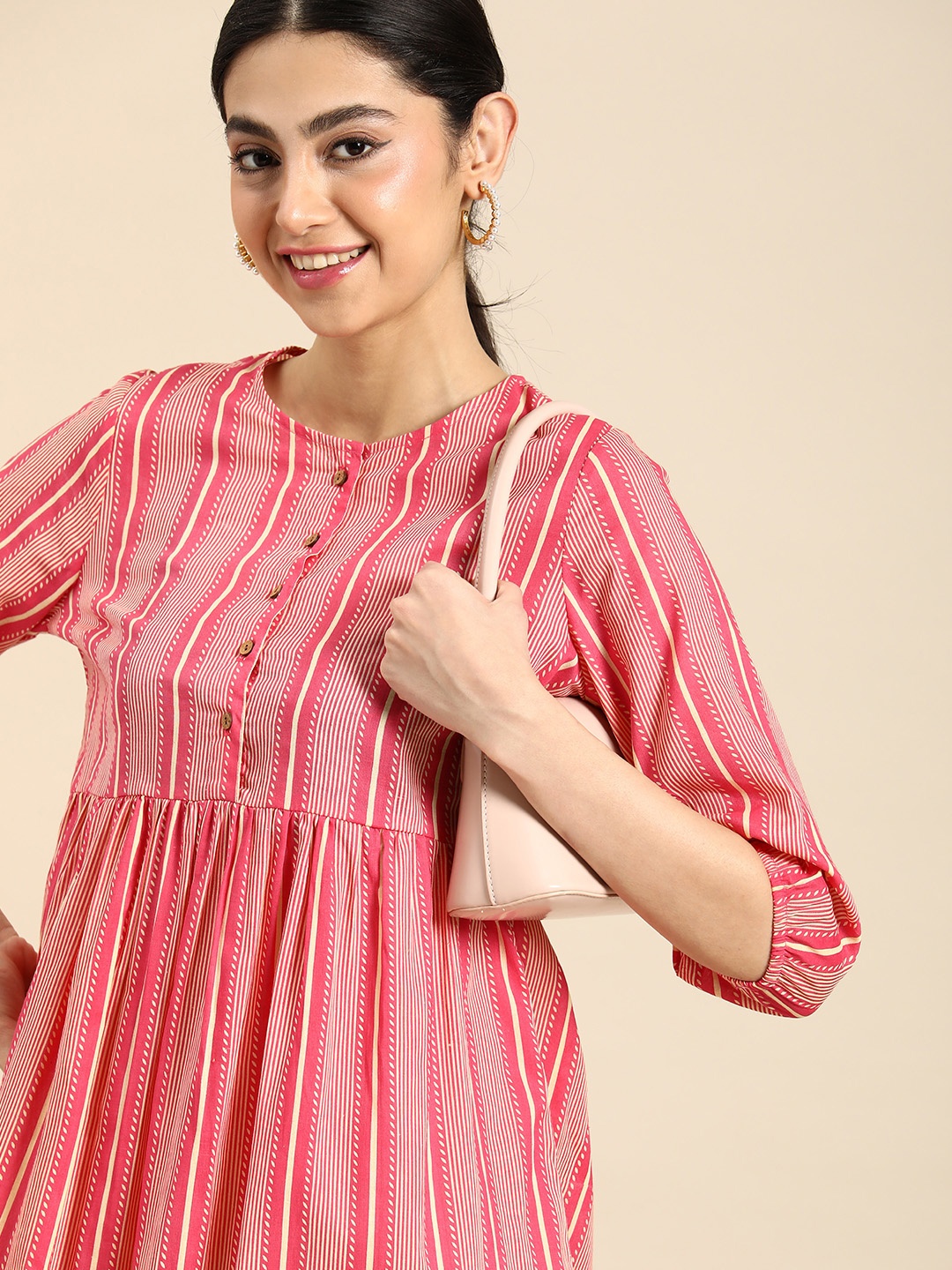 

Anouk Pure Cotton Striped A-Line Dress With Gathered Detail, Pink