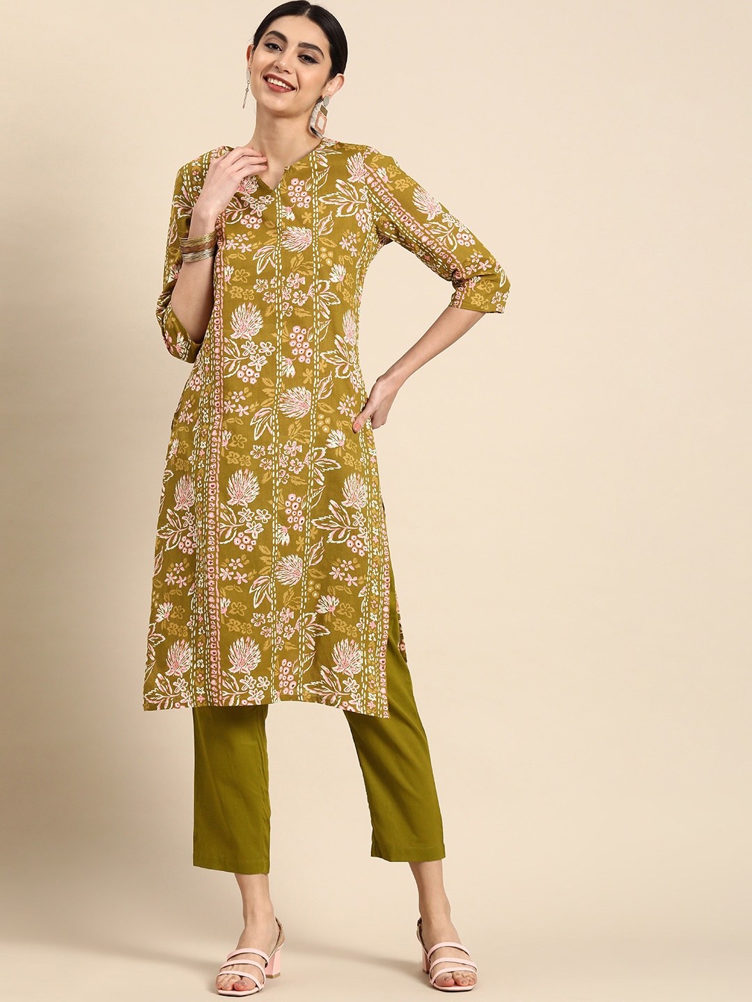 

Anouk Women Floral Printed Pure Cotton Kurta with Trousers, Olive