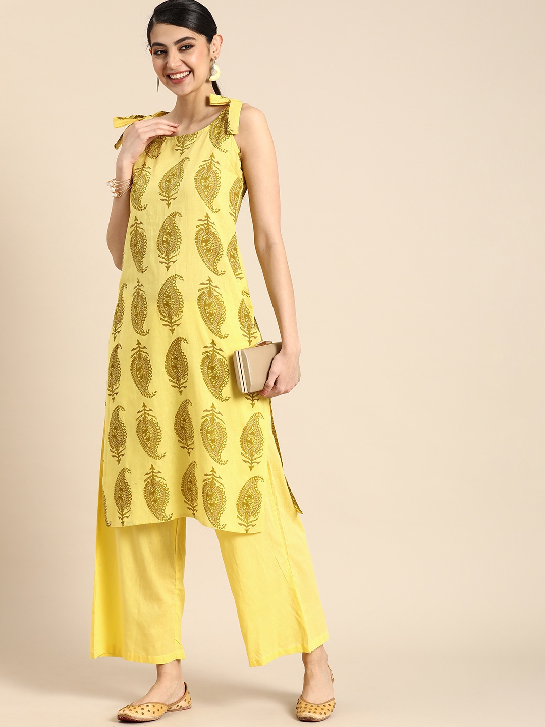 

Anouk Women Ethnic Motifs Printed Pure Cotton Kurta with Palazzos, Yellow