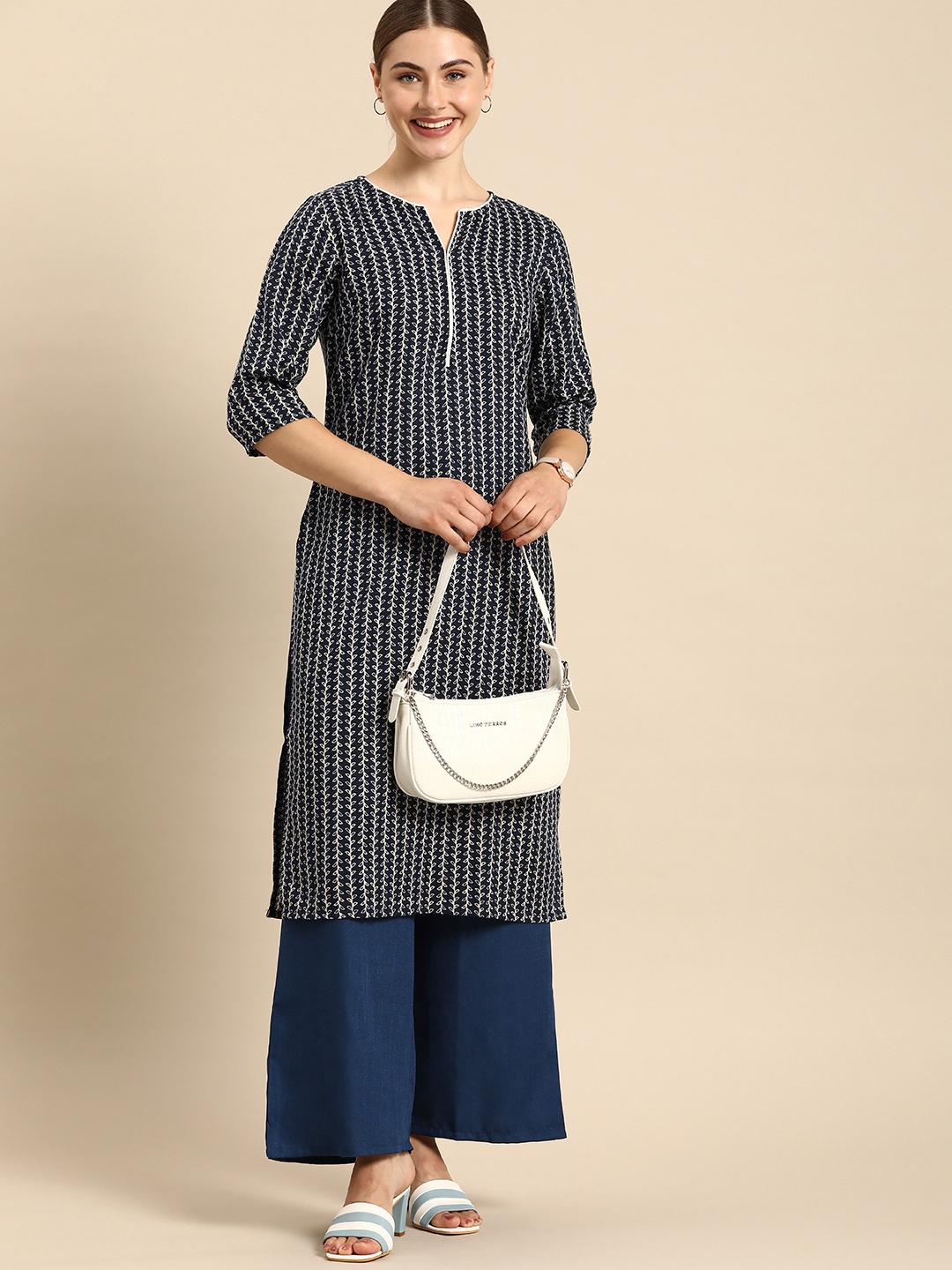 

Anouk Women Striped Kurta with Palazzos, Navy blue