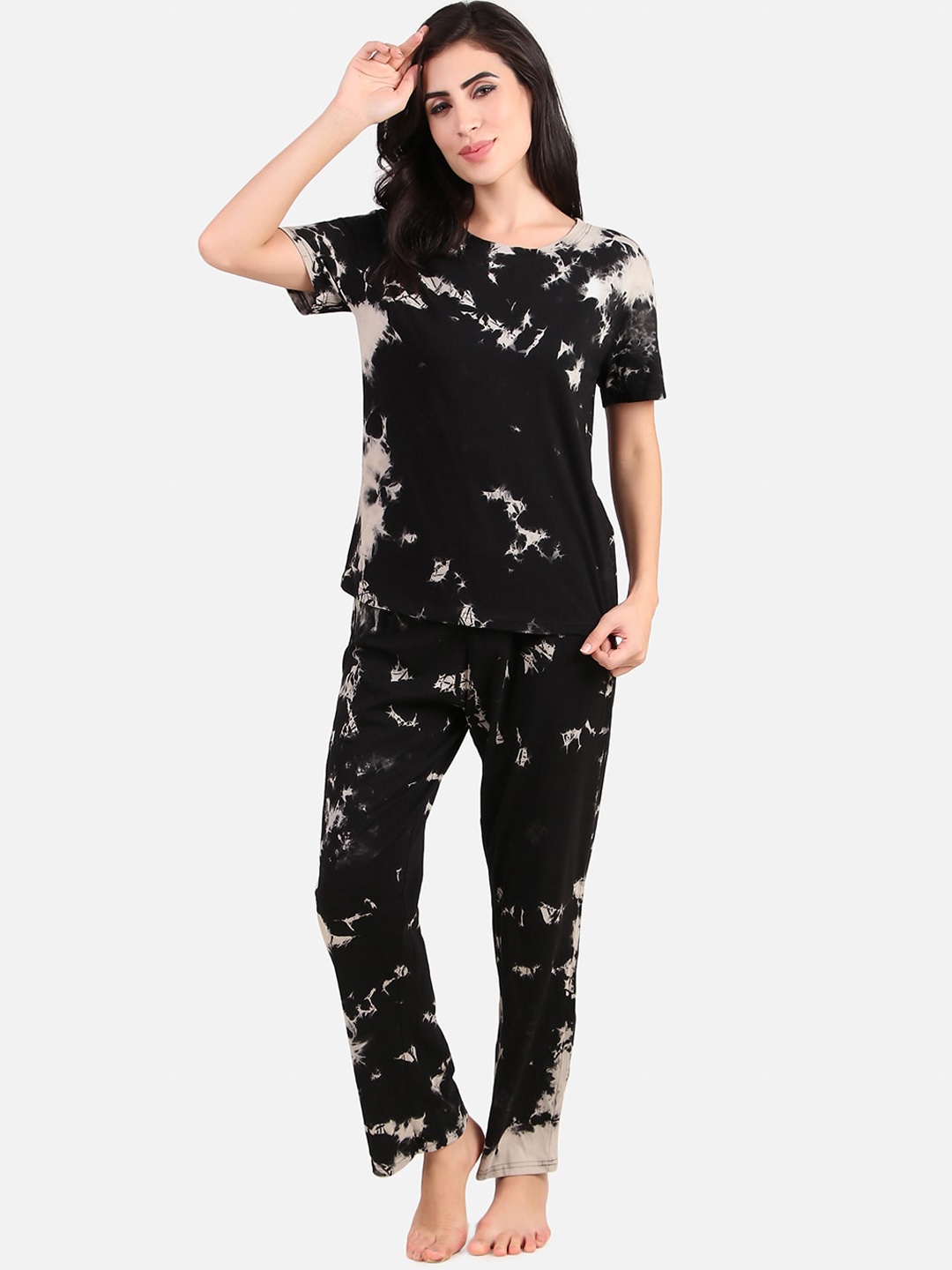 

Masha Tie & Dye Printed Pure Cotton Night suit, Beige