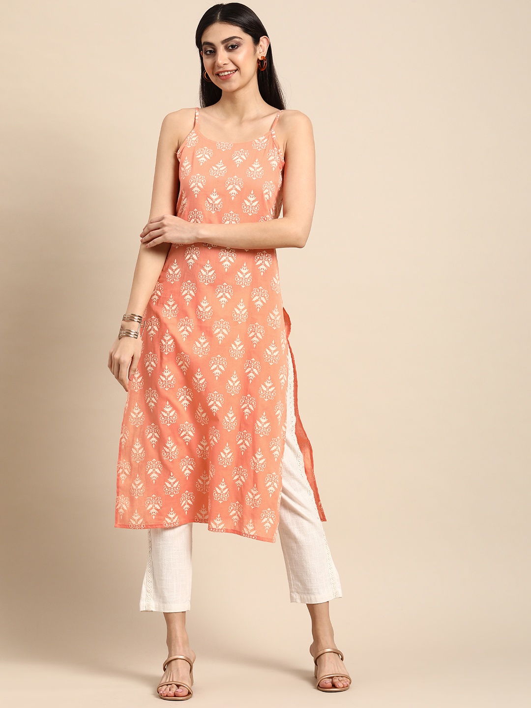 

Anouk Shoulder Straps Ethnic Motifs Printed Pastel Cotton Kurta, Peach