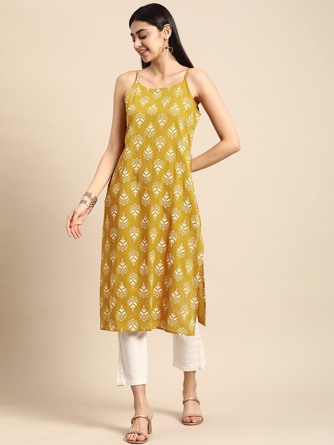 

Anouk Shoulder Straps Ethnic Motifs Printed Cotton Kurta, Mustard