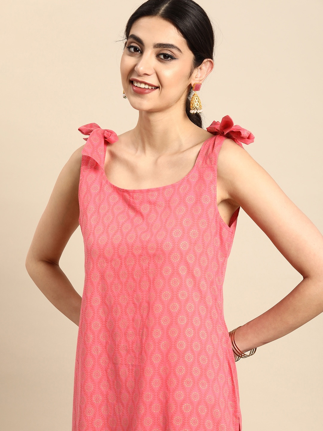 

Anouk Women Pure Cotton Ethnic Motifs Printed Kurta With Tie Up Detail on Sleeves, Pink