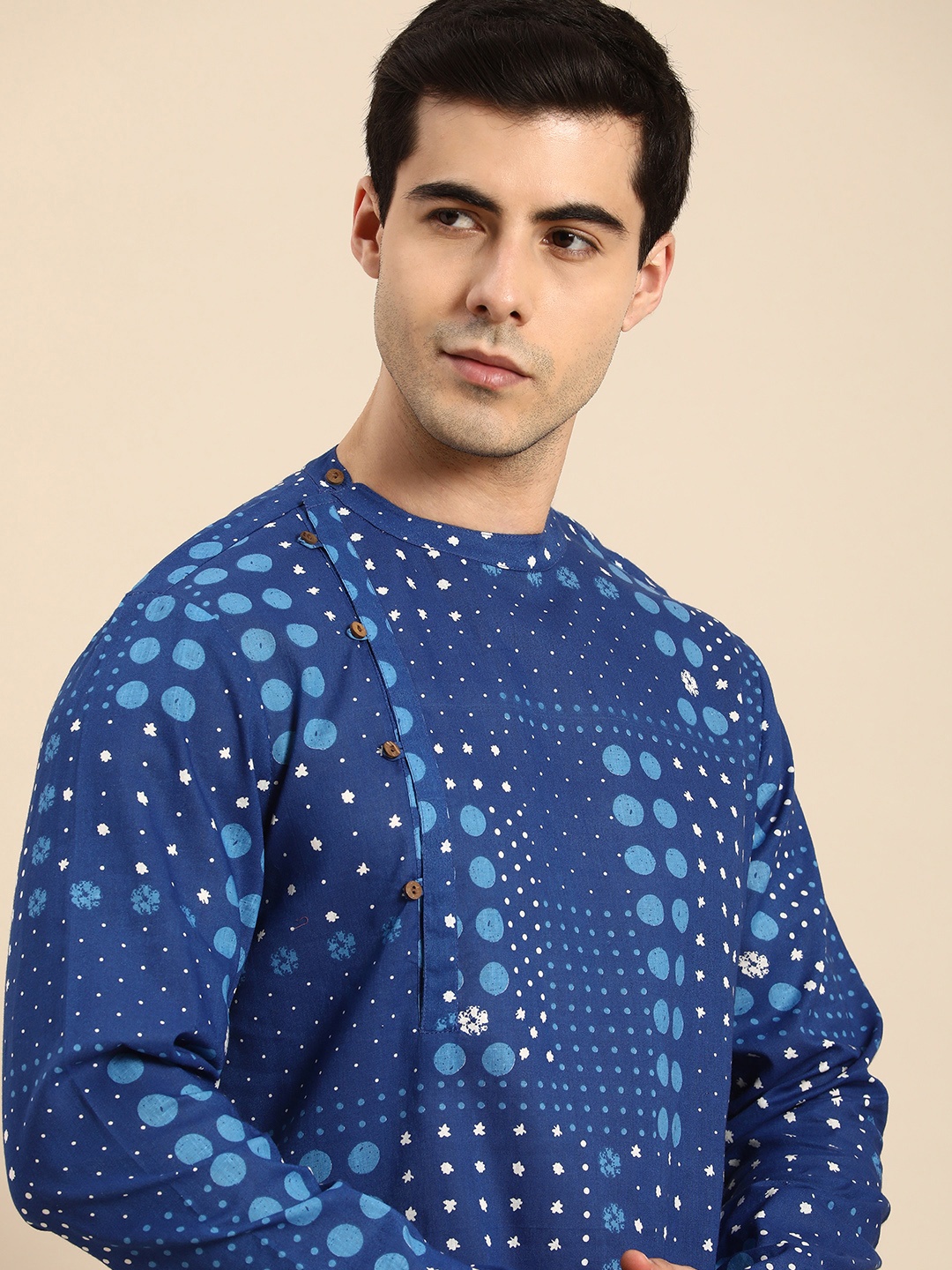 

Anouk Men Pure Cotton Geometric Printed Indigo Angrakha Kurta, Blue