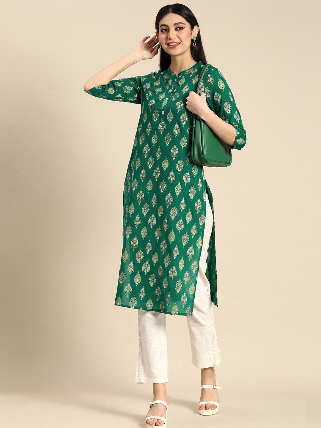 

Anouk Women Pure Cotton Ethnic Motifs Printed Straight Kurta, Green