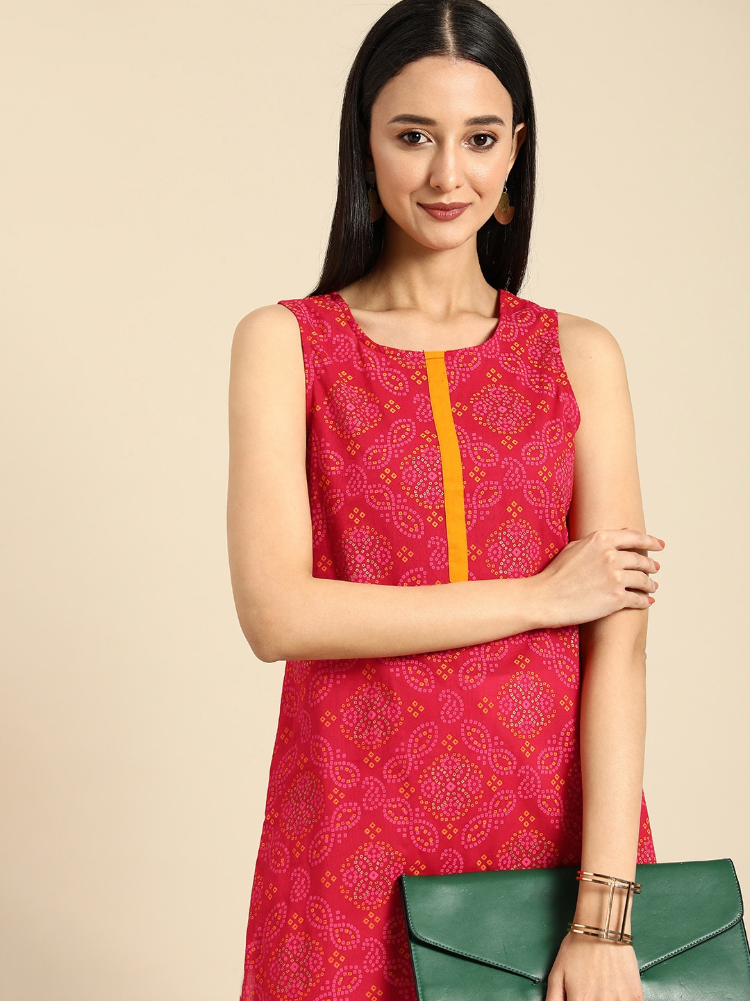 

Anouk Bandhani Printed Pure Cotton Sleeveless Kurta, Red