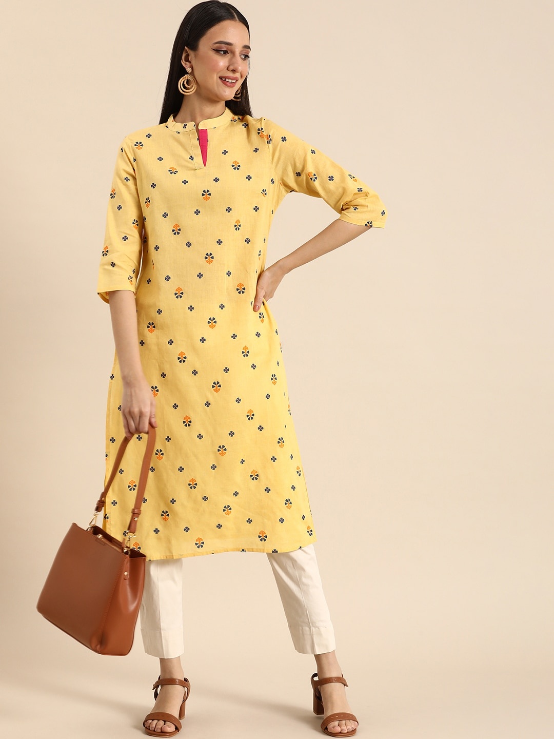 Anouk Women Pure Cotton Floral Printed Floral Kurta, Yellow