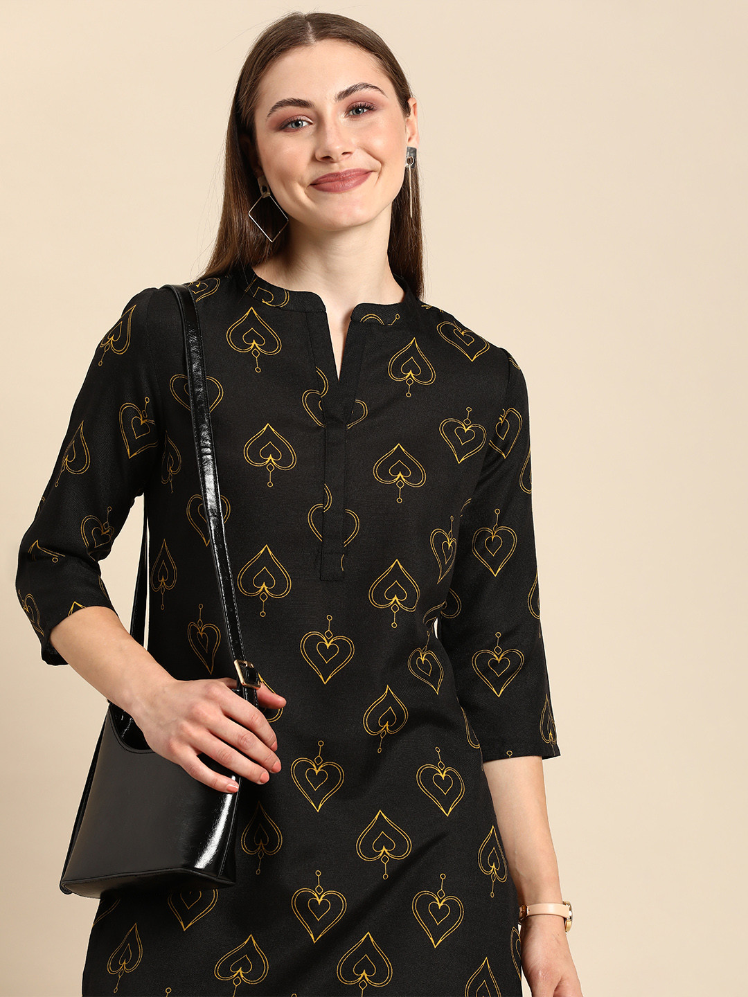 

Anouk Ethnic Motifs Printed Mandarin-Collar Straight Kurta, Black