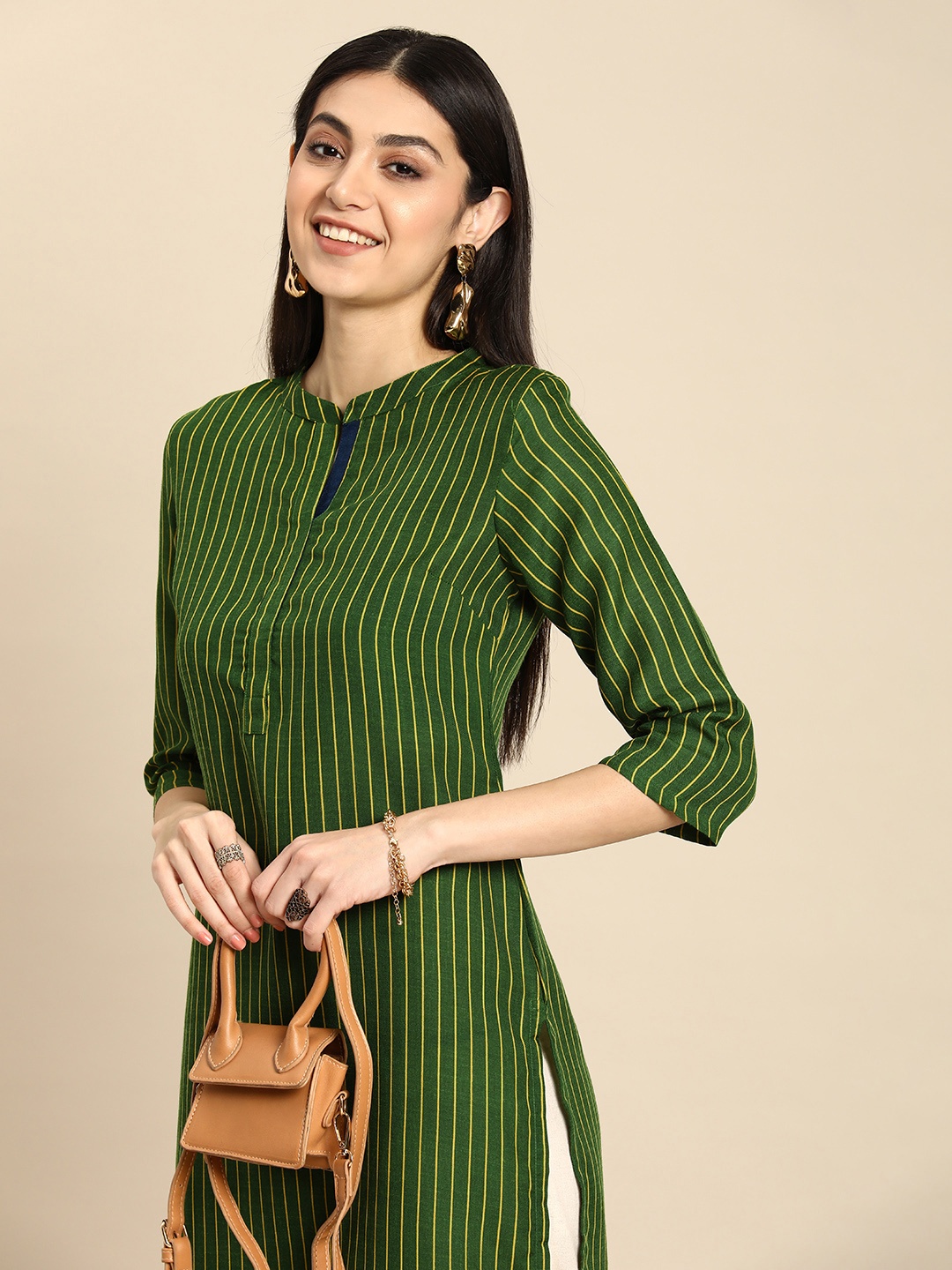 

Anouk Women Striped Mandarin Collar Straight Kurta, Green