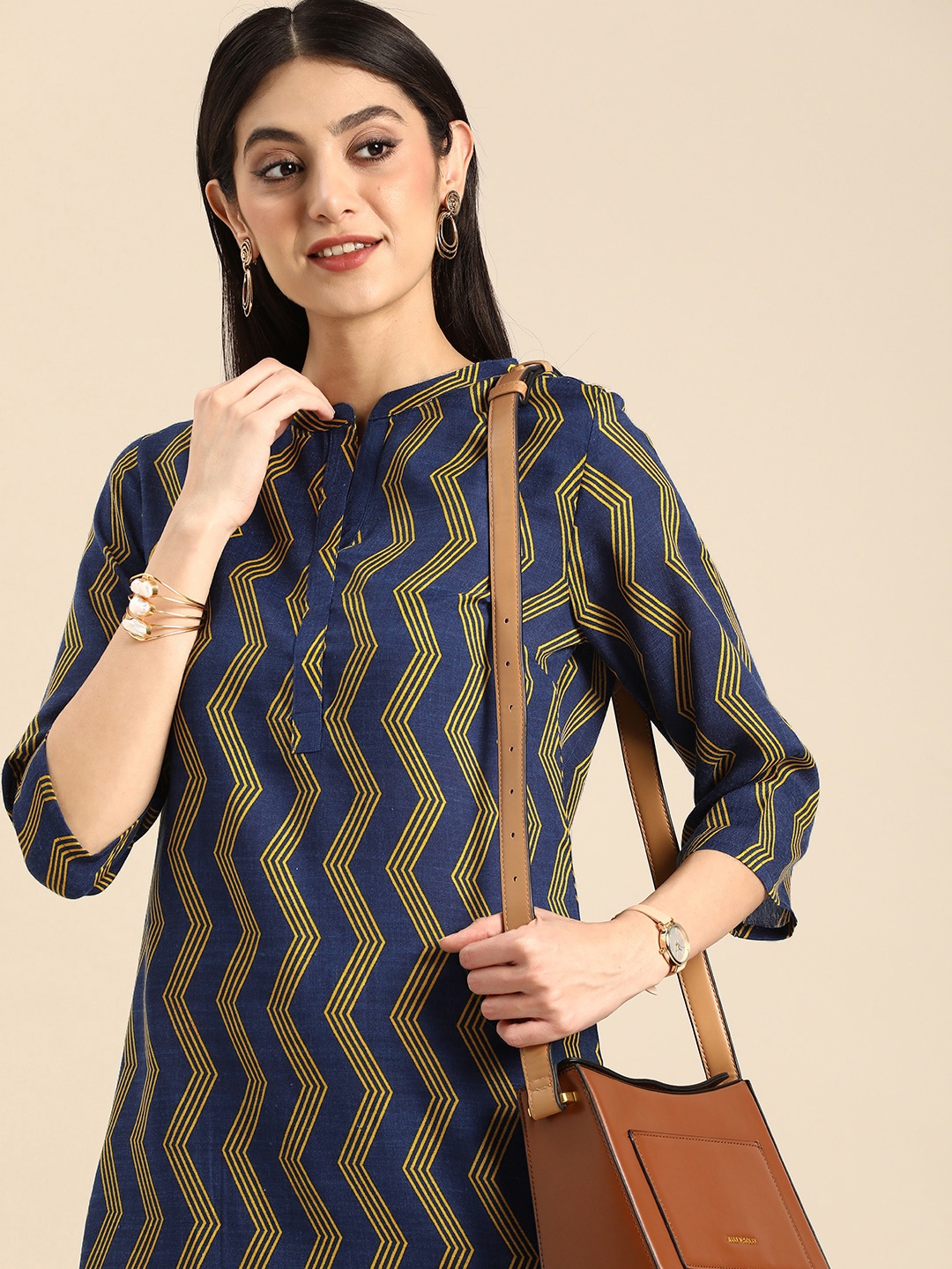 

Anouk Chevron Printed Indigo Kurta, Blue