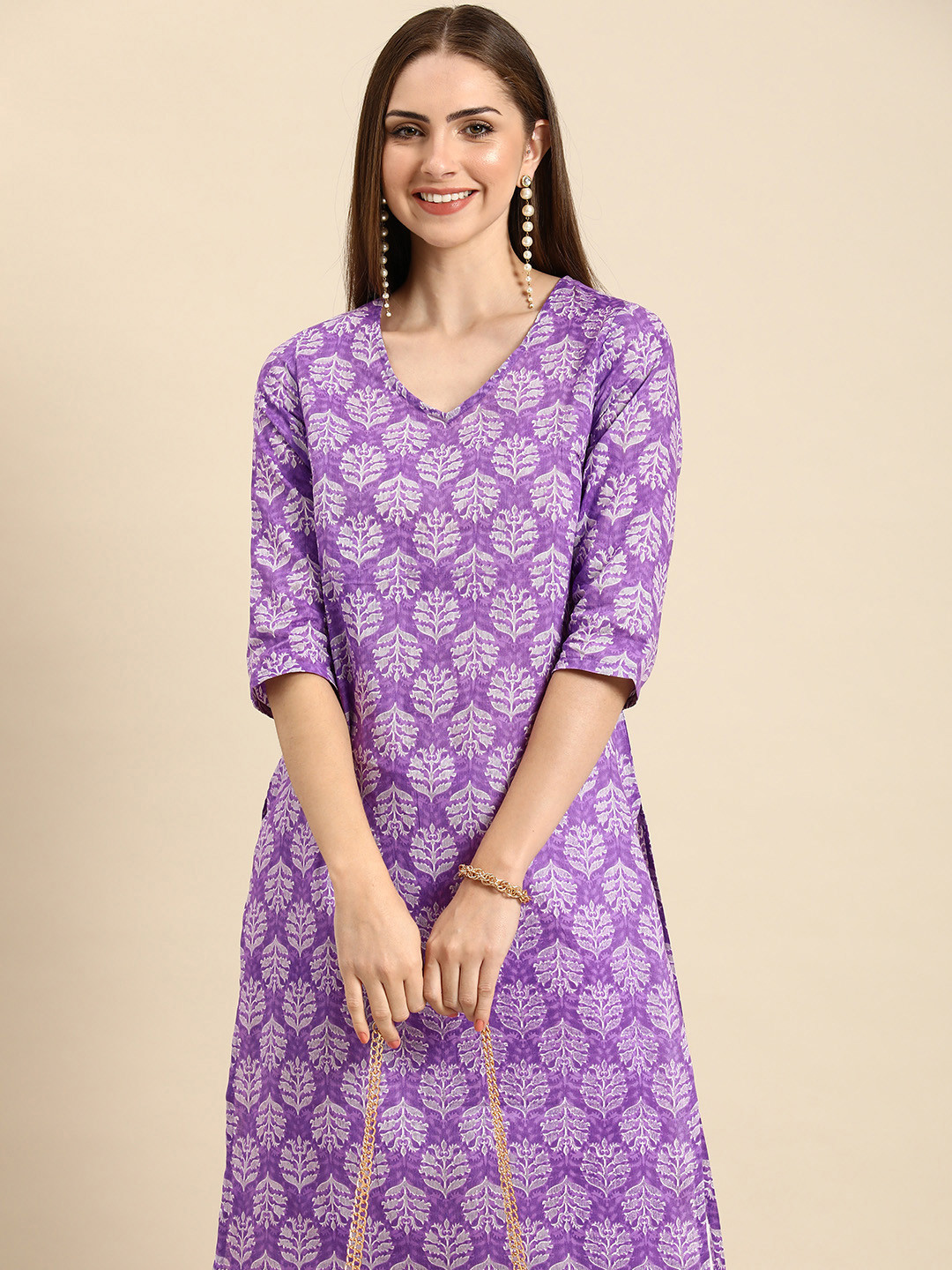 

Anouk Ethnic Motifs Printed Pure Cotton Kurta, Lavender