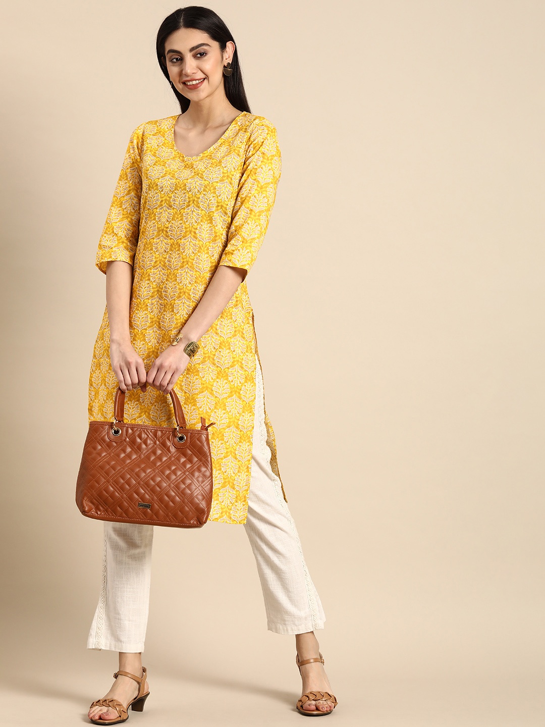 

Anouk Women Pure CottonEthnic Motifs Printed Straight Kurta, Mustard