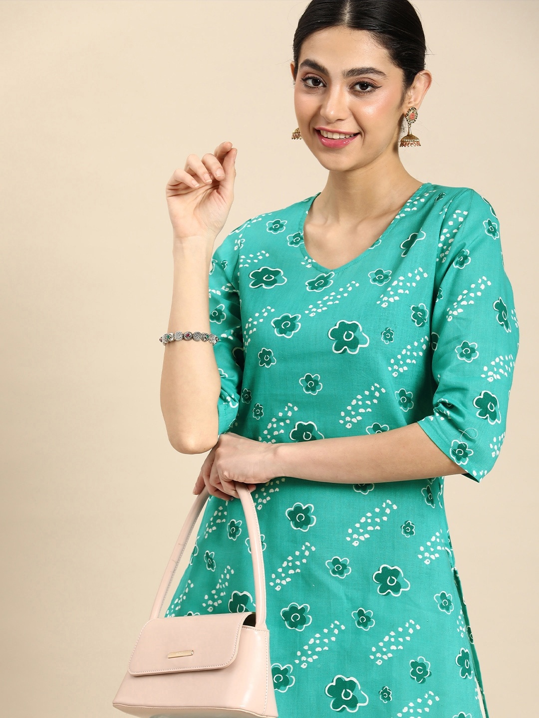 

Anouk Floral Printed Pure Cotton Kurta, Turquoise blue